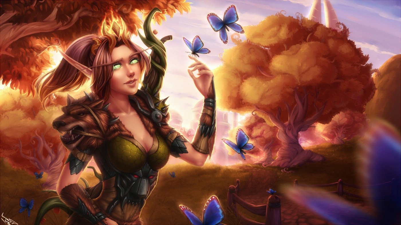 Blood Elf Hunter with Butterflies in World of Warcraft HD Wallpaper