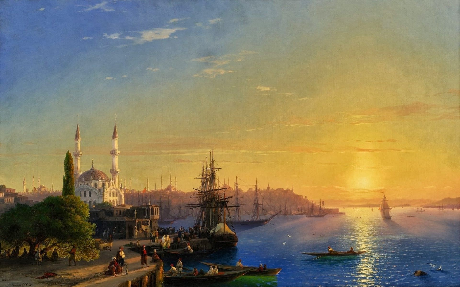 Sunset over a harbor with a mosque and ships by Ivan Aivazovsky HD Wallpaper