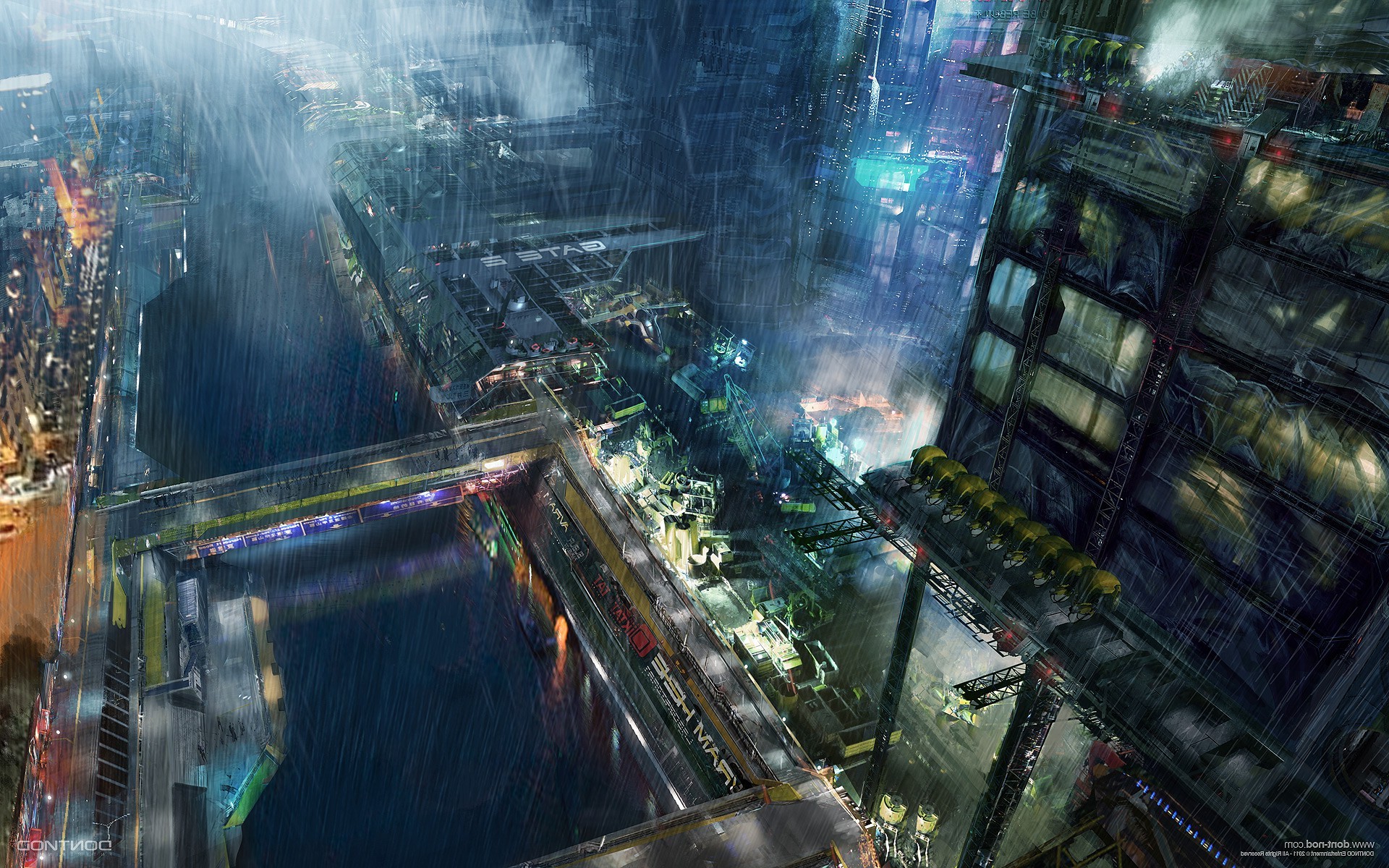 Cyberpunk city with rain and futuristic architecture HD Wallpaper