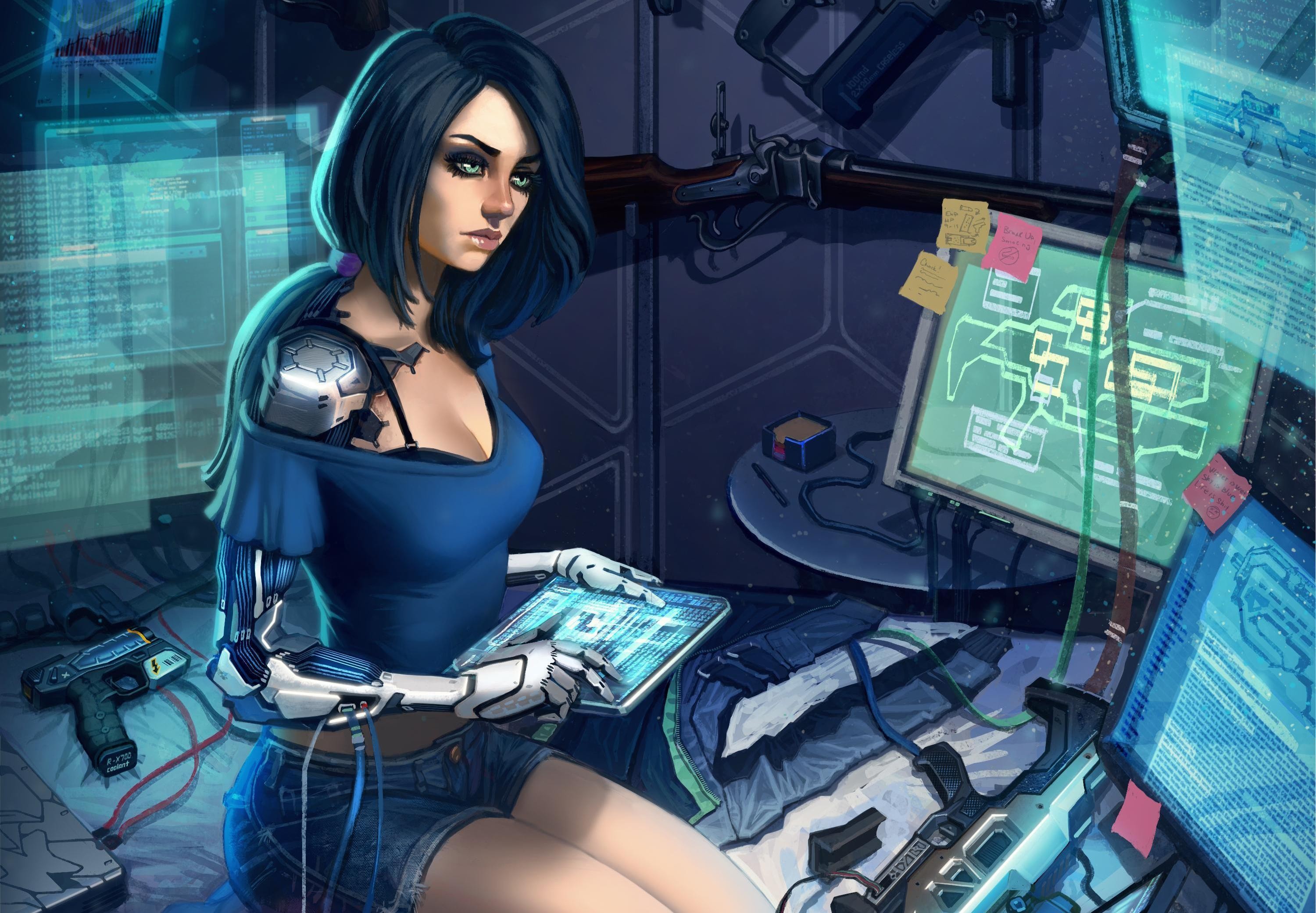 Futuristic cyborg woman with cybernetic arm and weapons HD Wallpaper