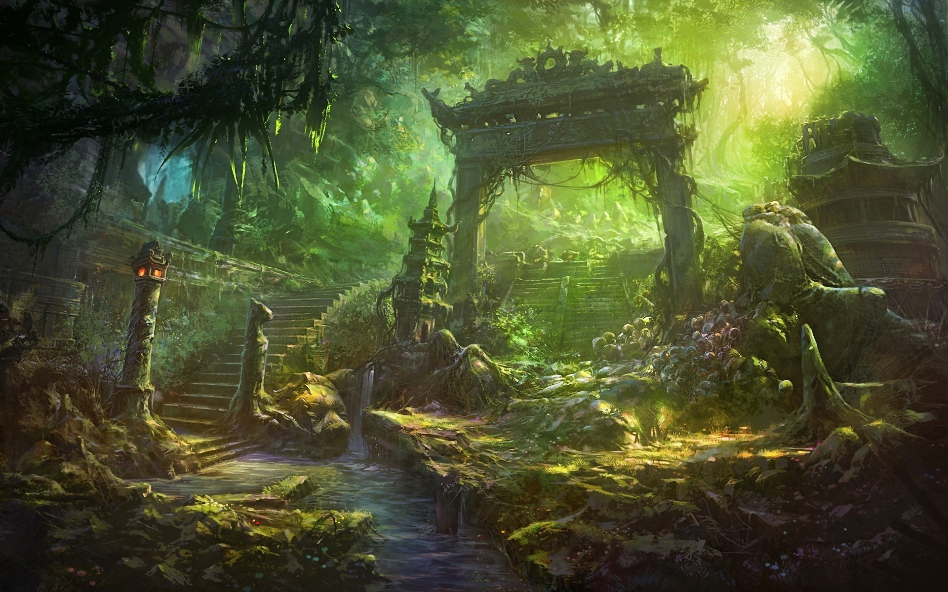 Ancient Asian ruins in a jungle HD Wallpaper