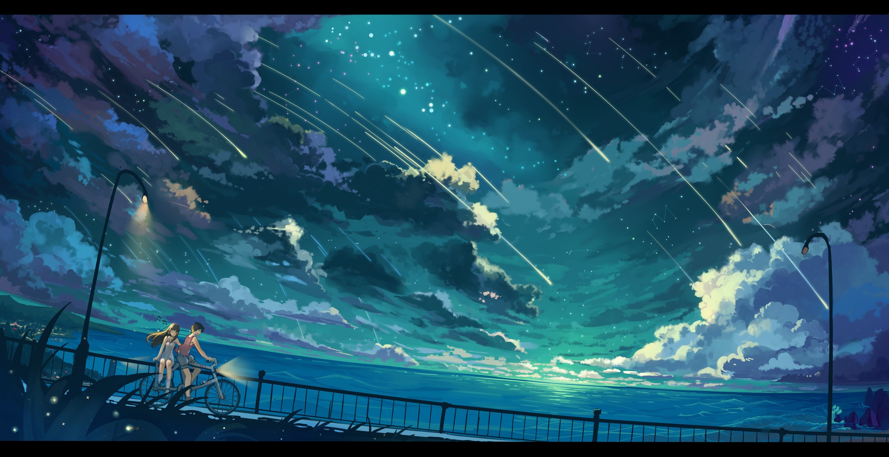 Anime couple on a bicycle under a meteor shower HD Wallpaper