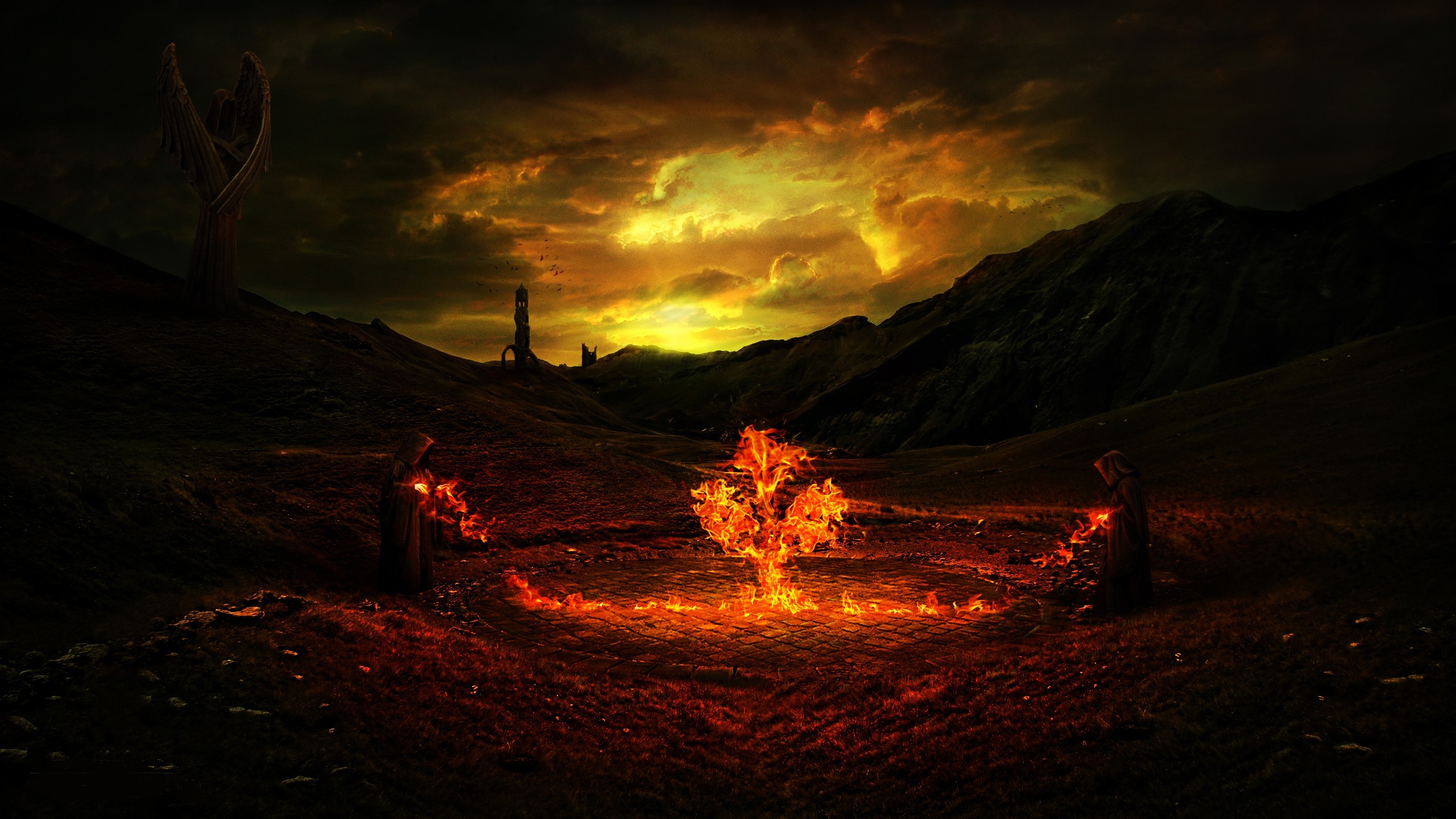 Fantasy art with fire trees and robed figures HD Wallpaper