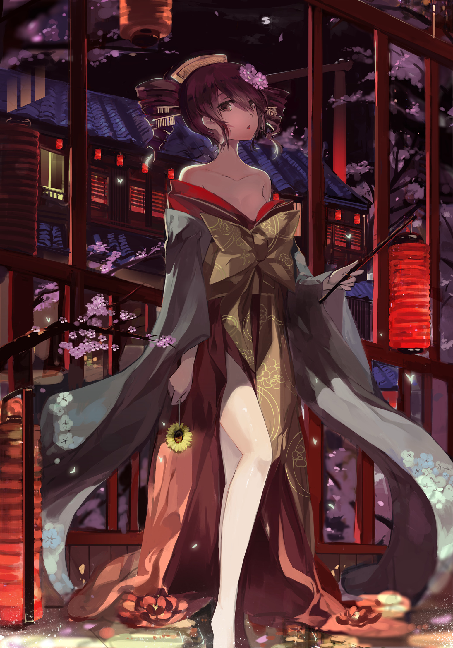 Anime girl in traditional Japanese clothing holding a sunflower HD Wallpaper