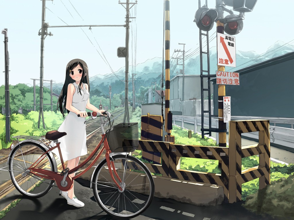Anime girl with bicycle at railway crossing HD Wallpaper