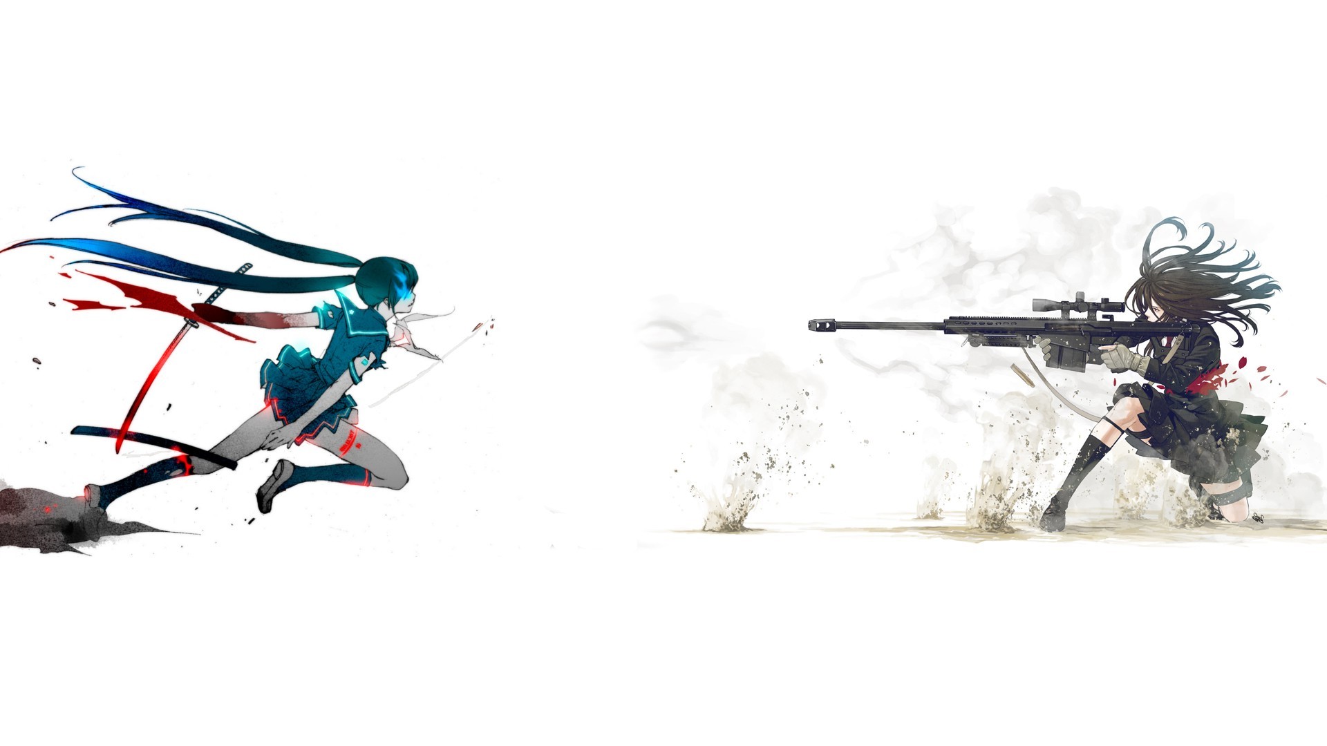Anime girl with katana vs anime girl with sniper rifle HD Wallpaper