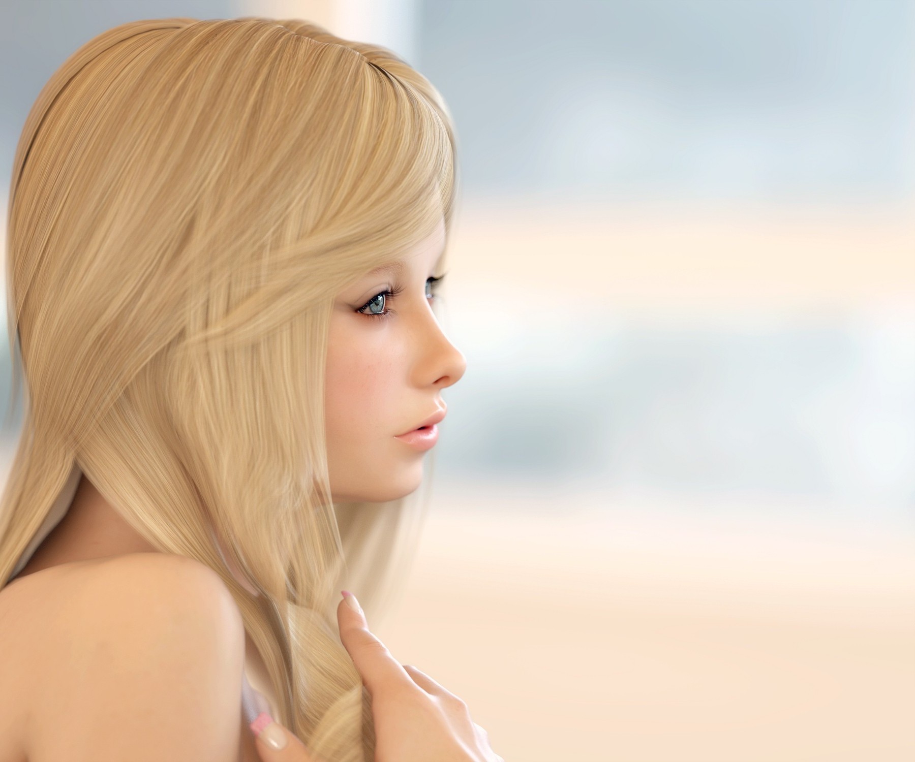Blonde woman with blue eyes, CGI HD Wallpaper
