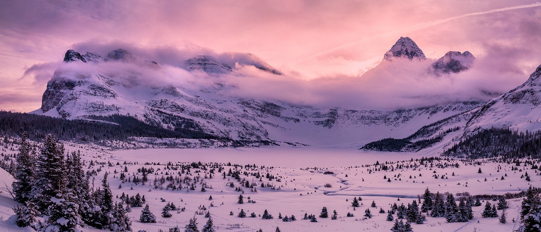 Snowy mountains with pink clouds at sunset in Canada HD Wallpaper