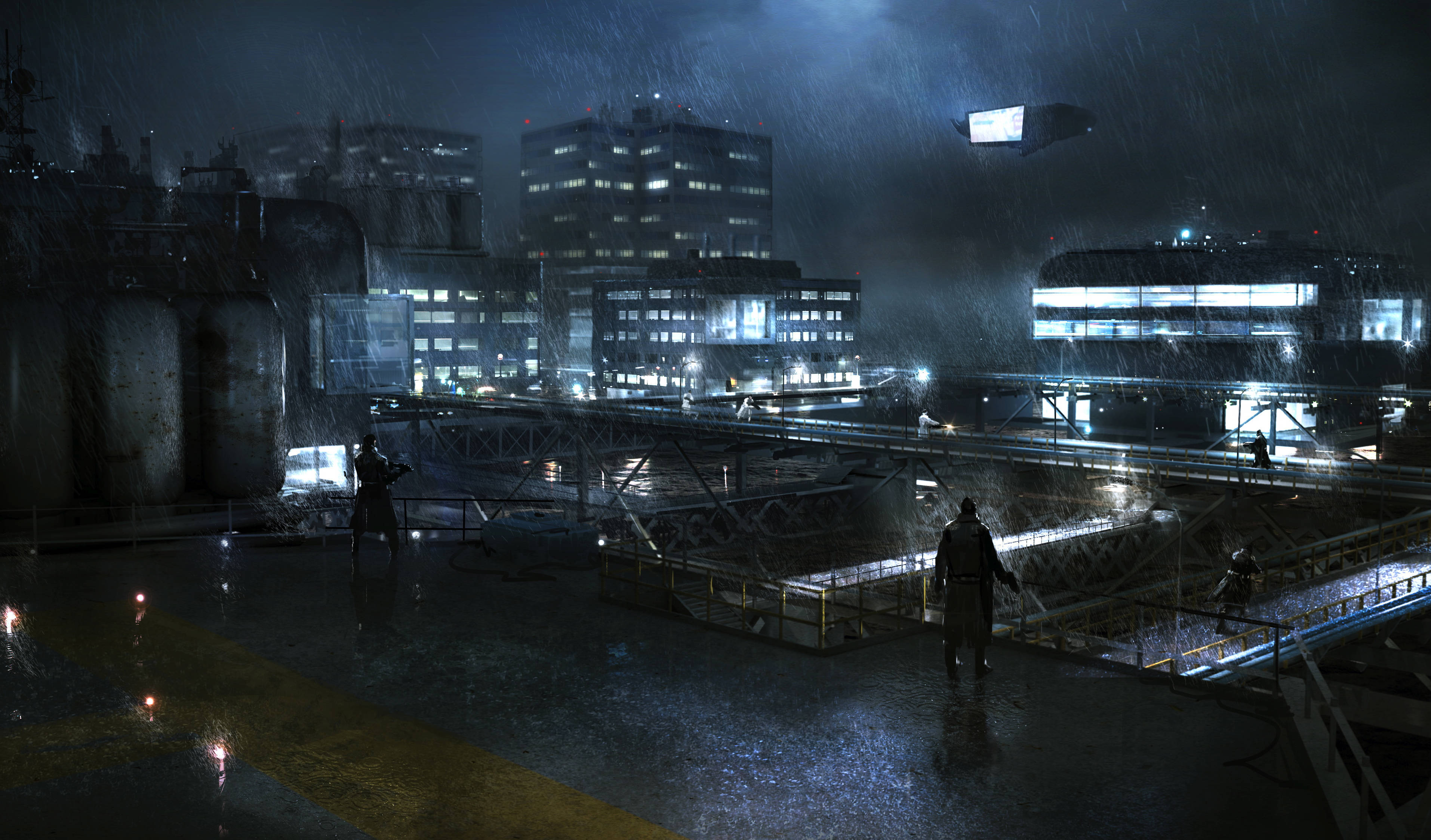 Futuristic city at night in the rain with flying vehicle HD Wallpaper