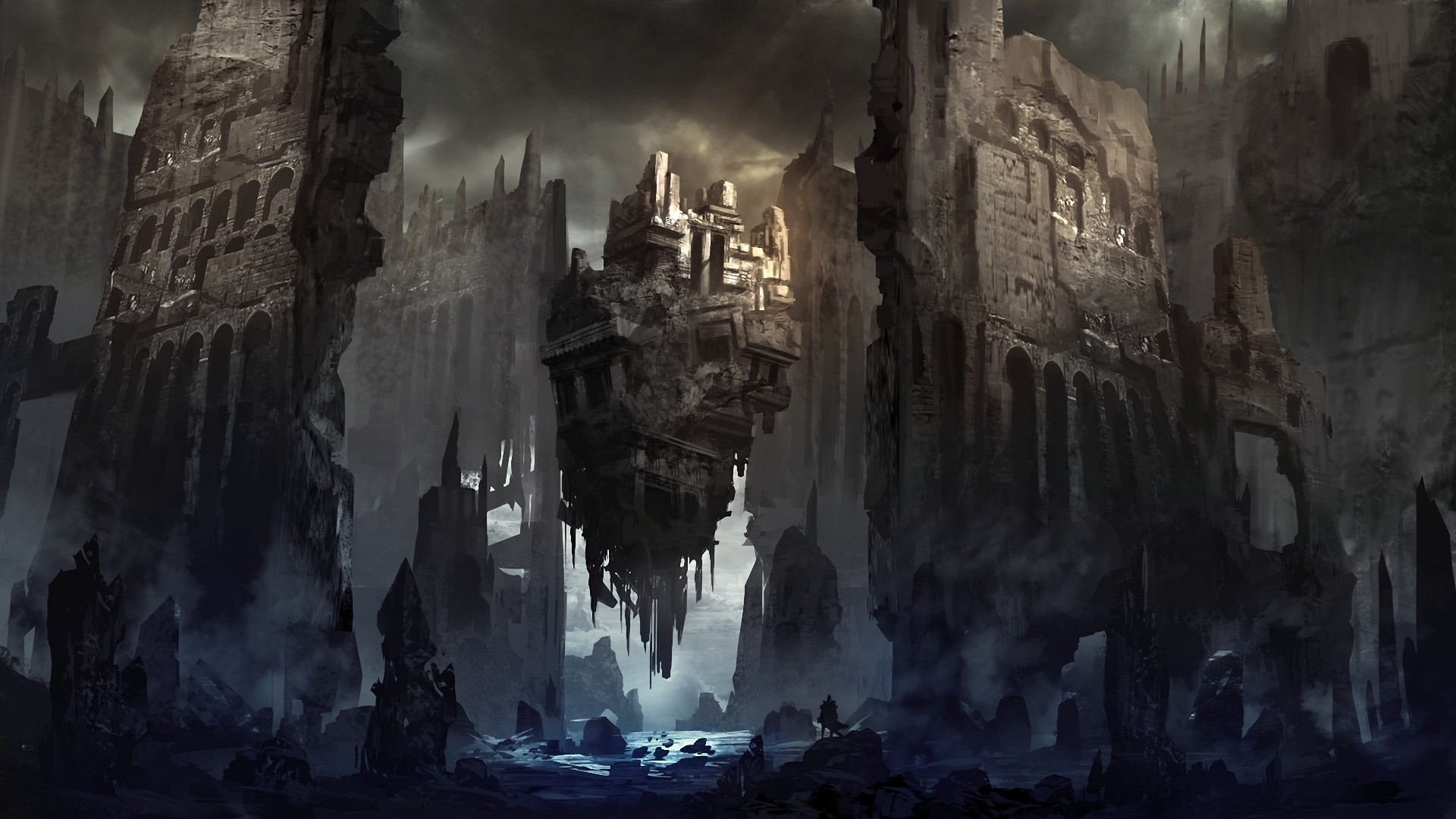 Floating island ruin in a dark, rocky landscape HD Wallpaper