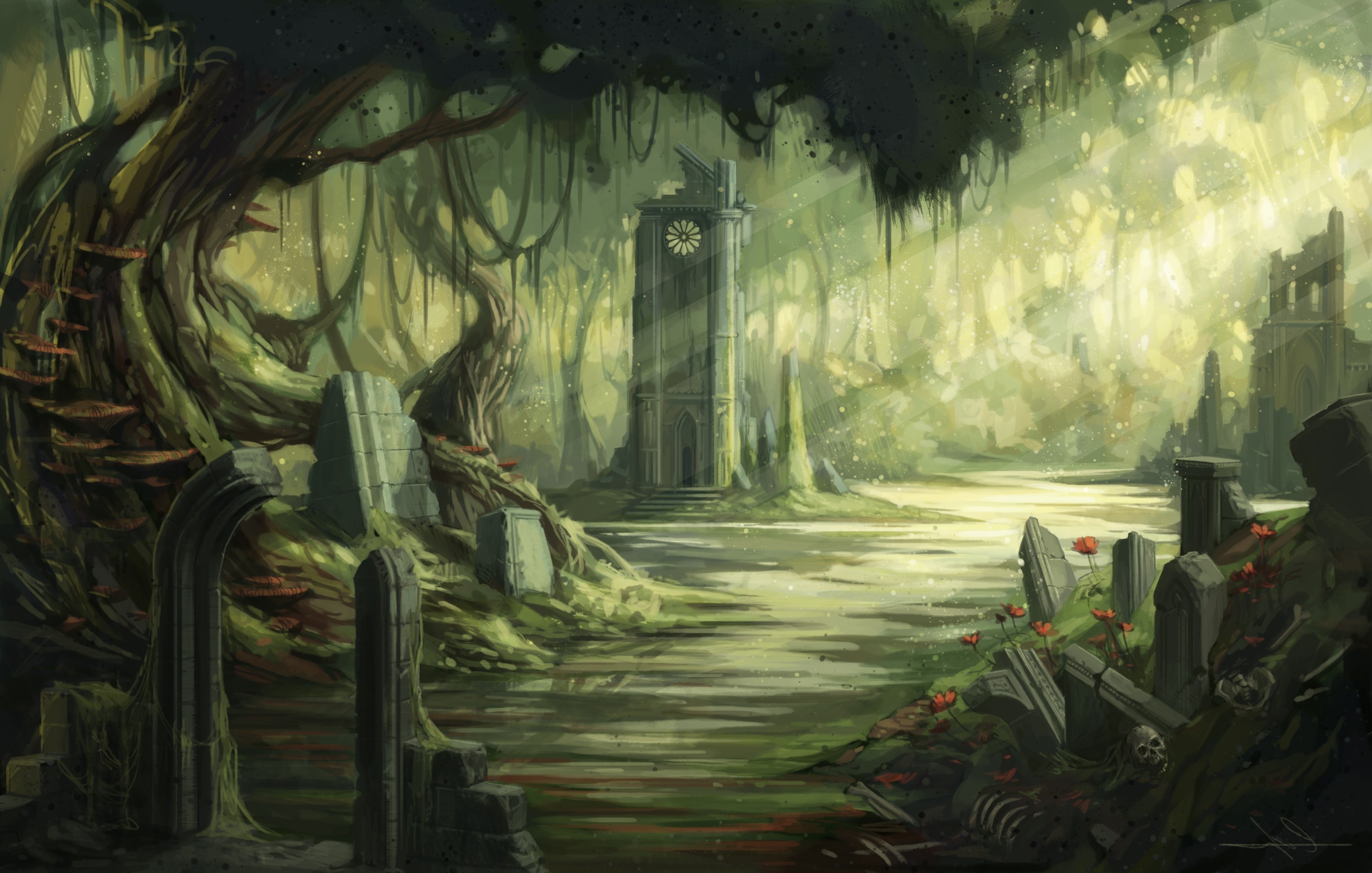 Ruined forest with a clock tower and sunlight HD Wallpaper