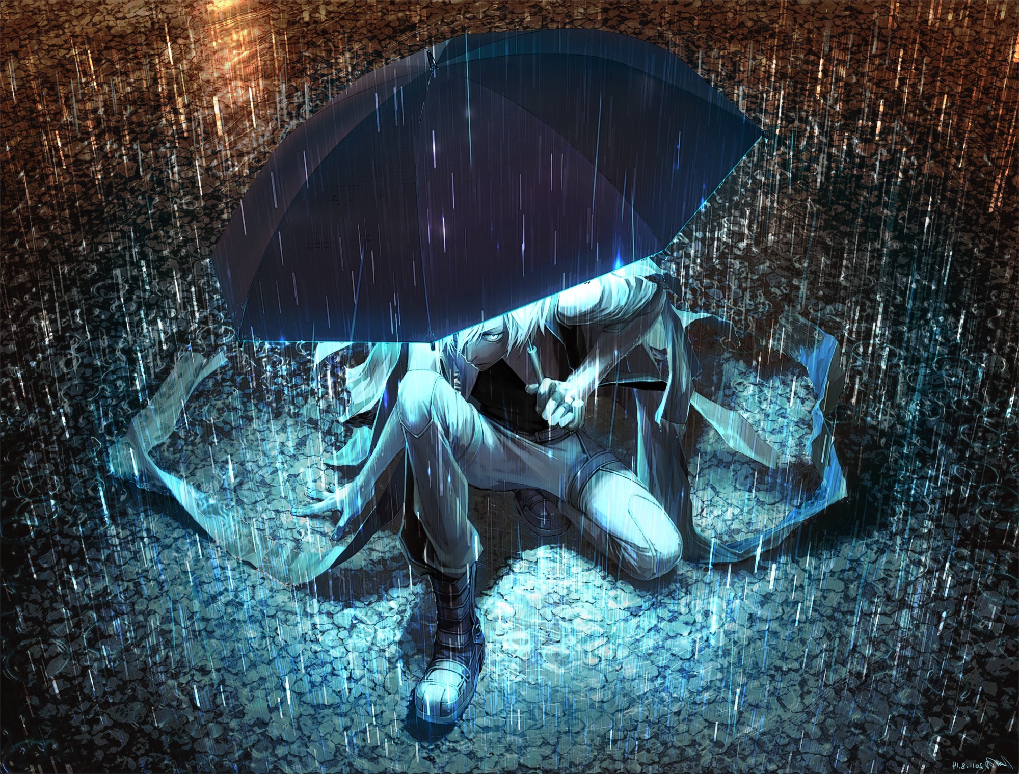 Anime character with white hair under an umbrella in the rain HD Wallpaper