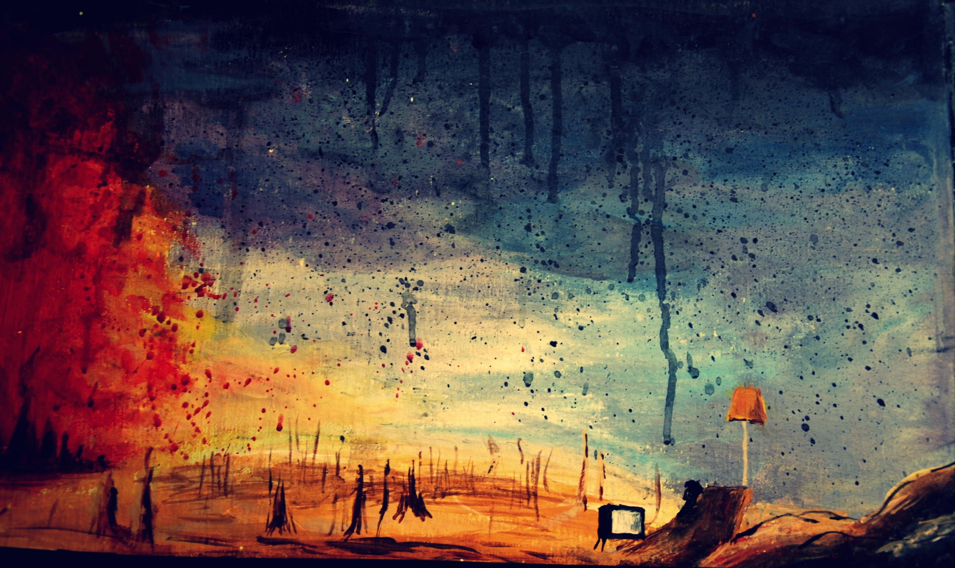 Painting of a wasteland with fire and a lamp HD Wallpaper
