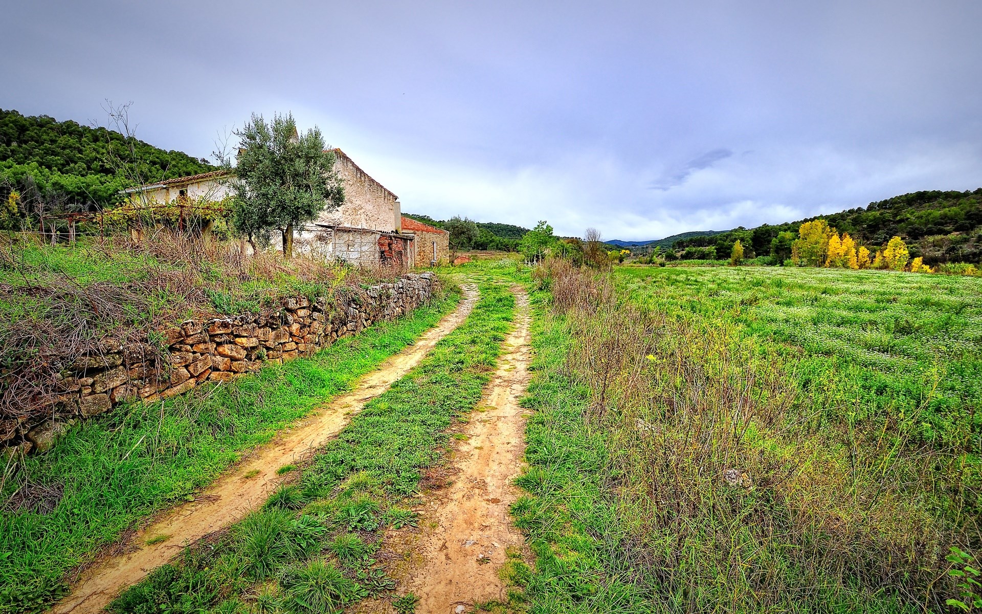 Dirt road leading to an old farmhouse with a stone wall HD Wallpaper