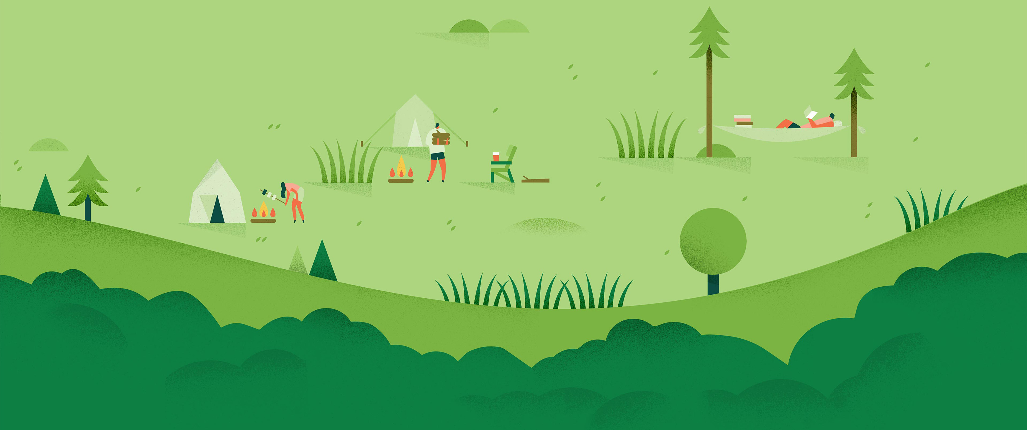 Minimalist camping scene with people and tents HD Wallpaper