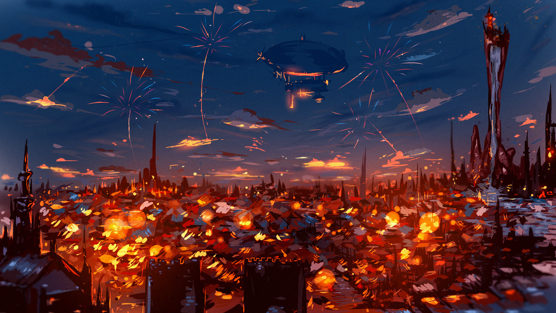 Steampunk cityscape with fireworks and airship HD Wallpaper