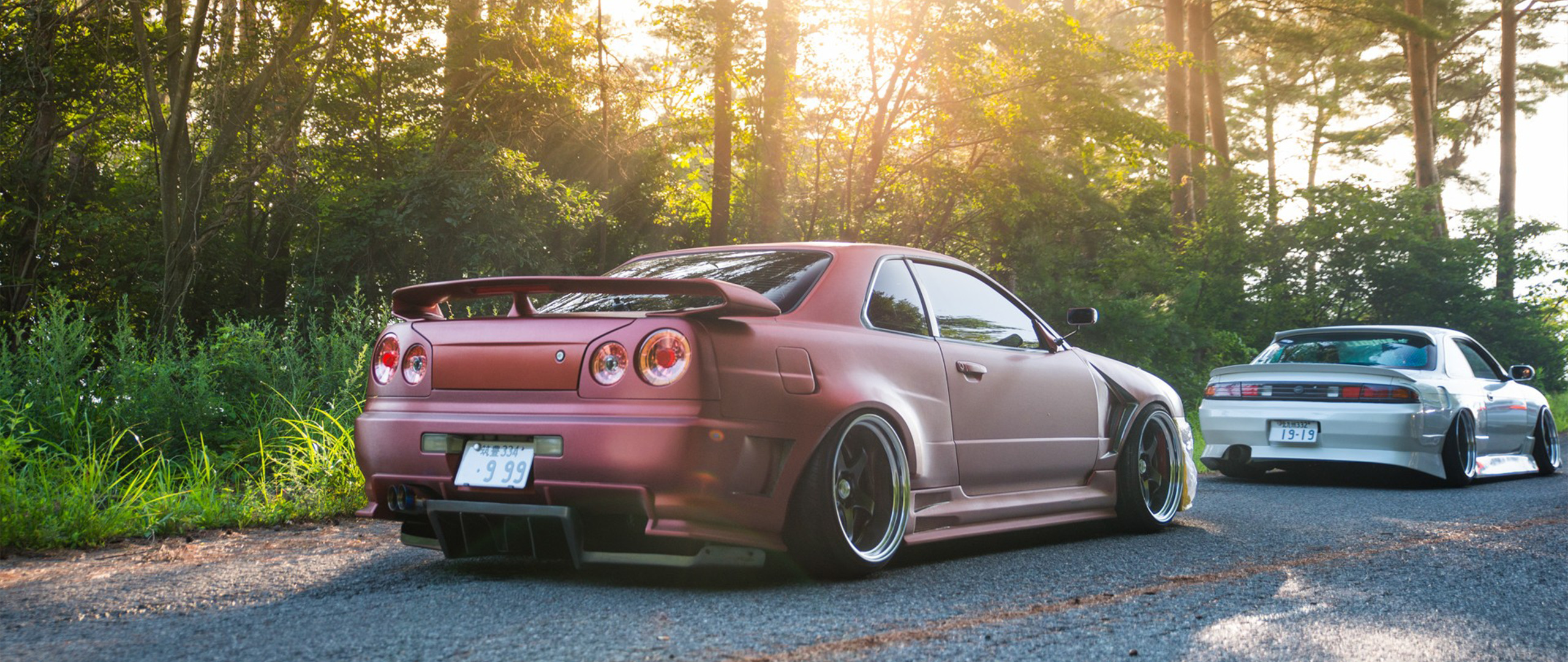 Two modified Nissan GT-R cars parked on a road HD Wallpaper