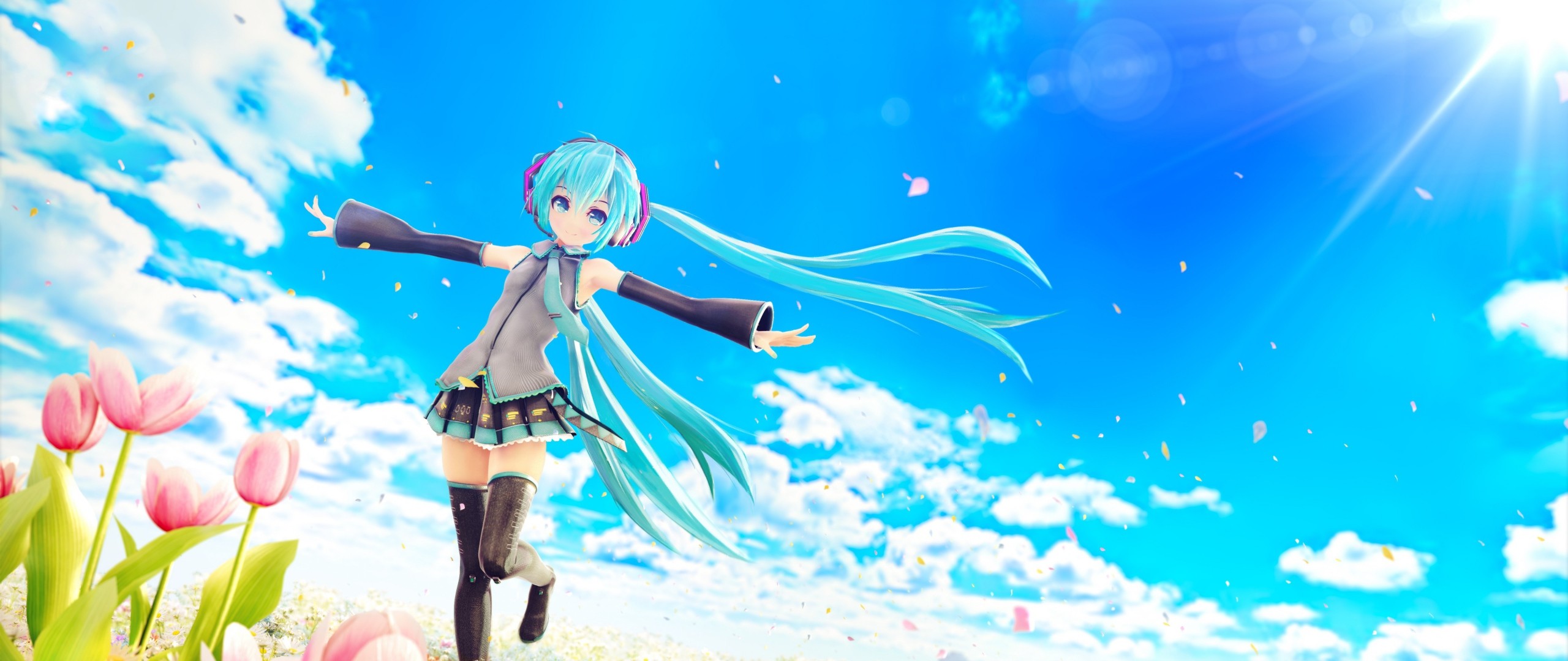 Hatsune Miku in a field of tulips under a sunny sky HD Wallpaper