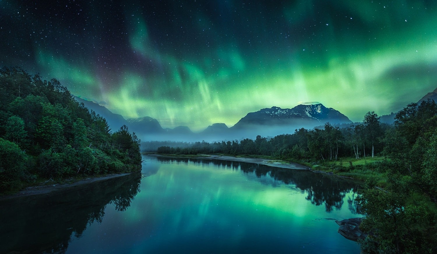 Aurora Borealis Over Misty River and Mountains HD Wallpaper