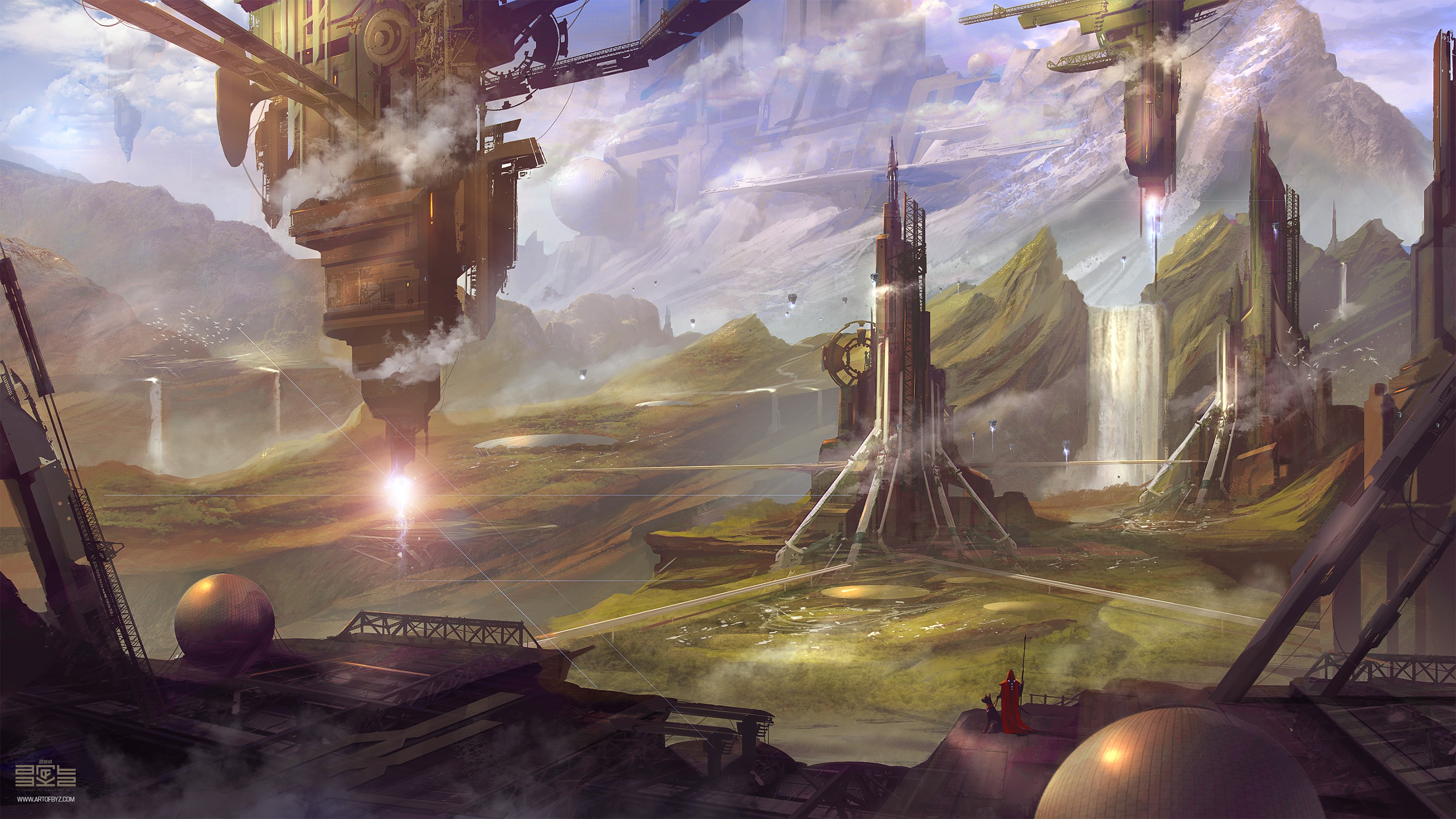 Futuristic city with waterfalls and flying vehicles HD Wallpaper