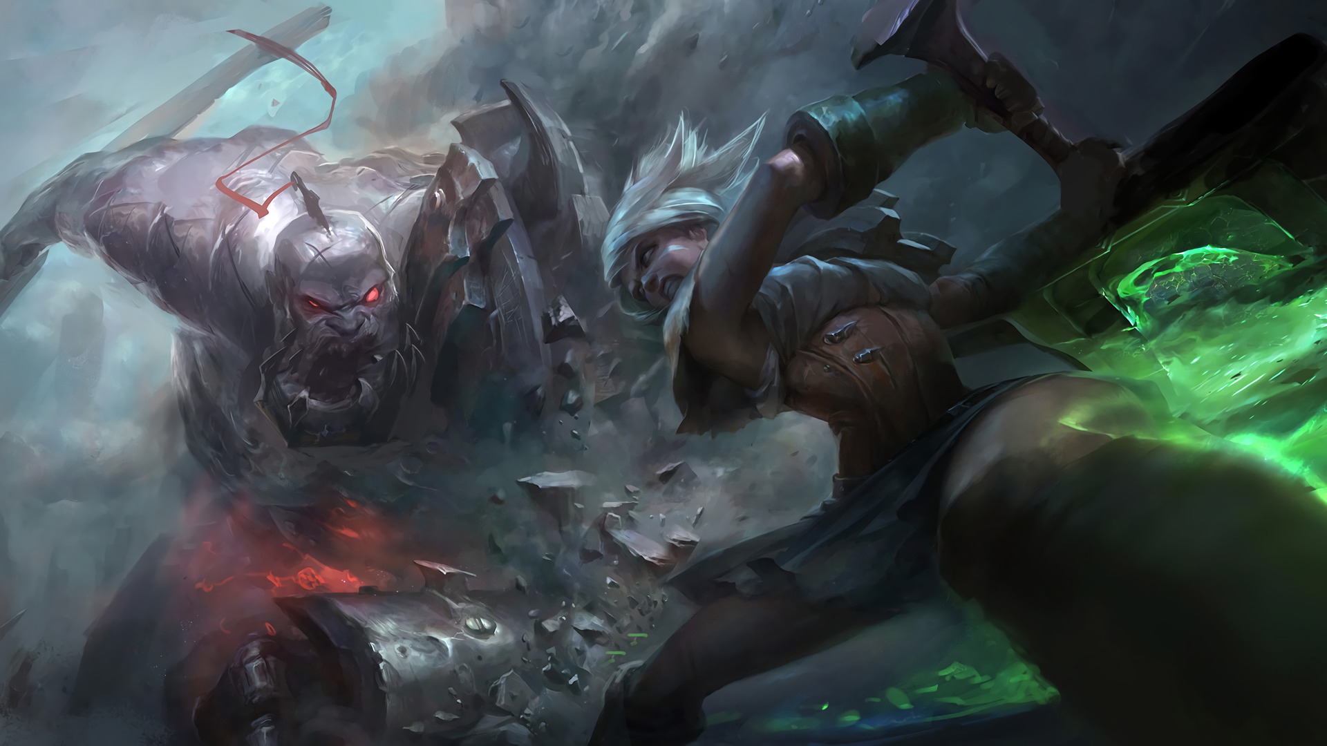 Riven fighting Sion from League of Legends HD Wallpaper