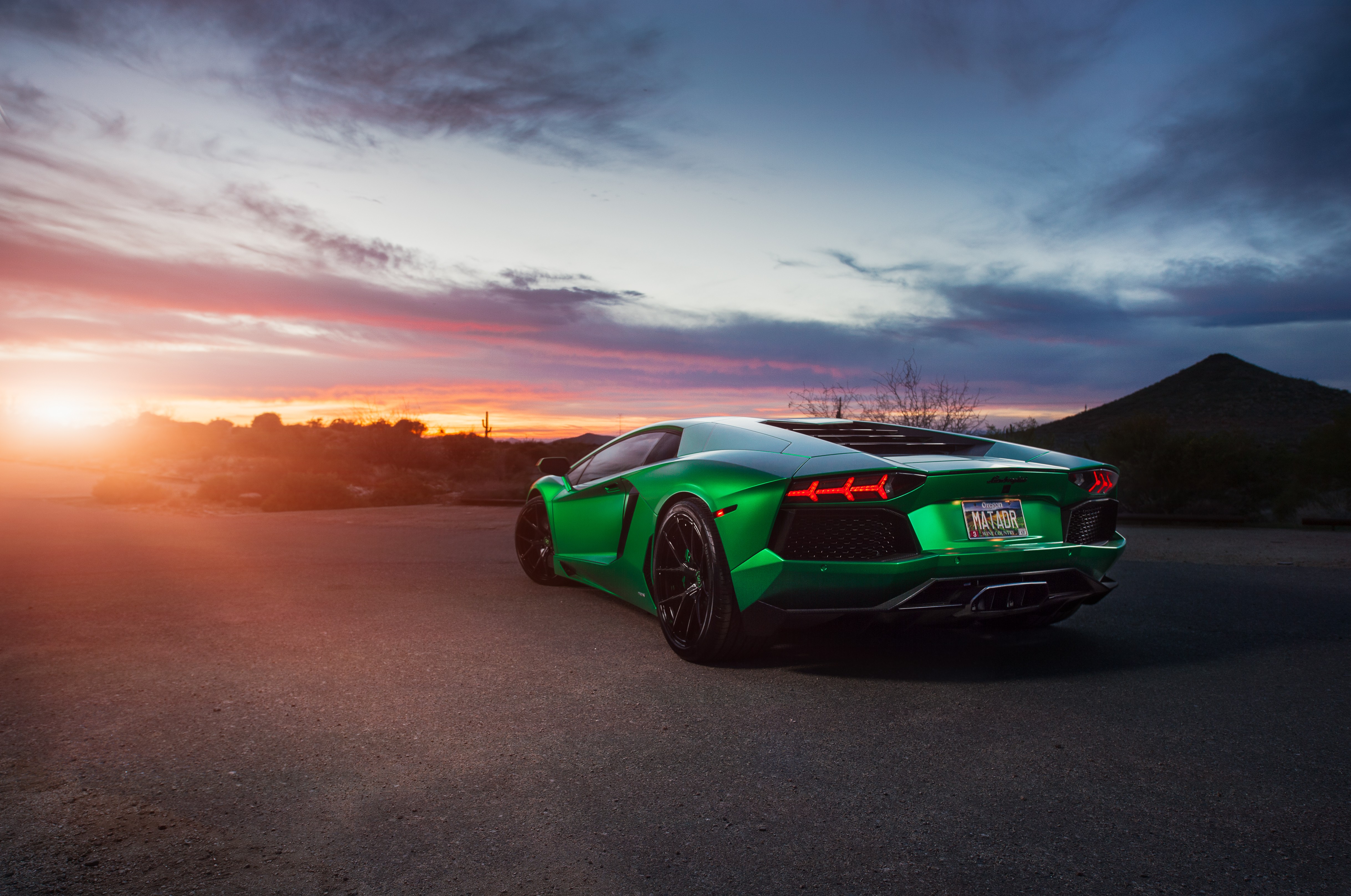 Green Lamborghini Aventador at Sunset HD Wallpaper