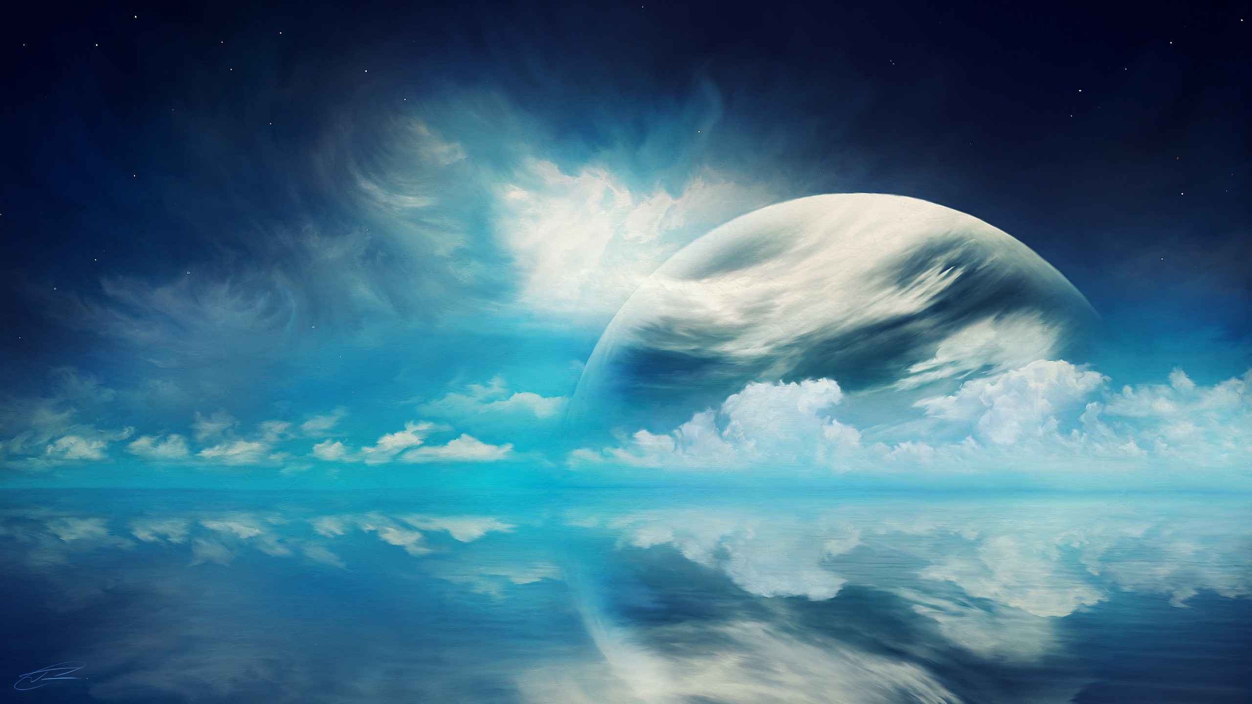 Planet with clouds reflected in water HD Wallpaper