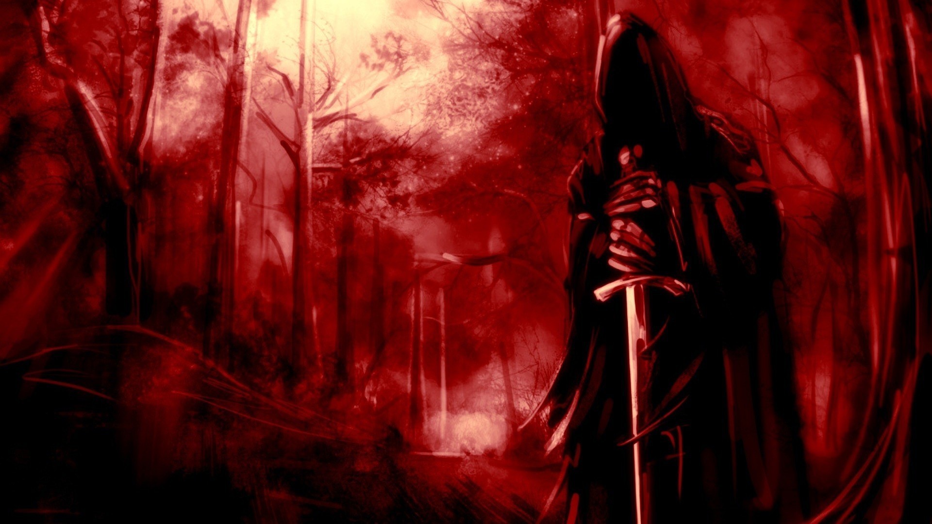 Hooded figure with sword in red forest HD Wallpaper