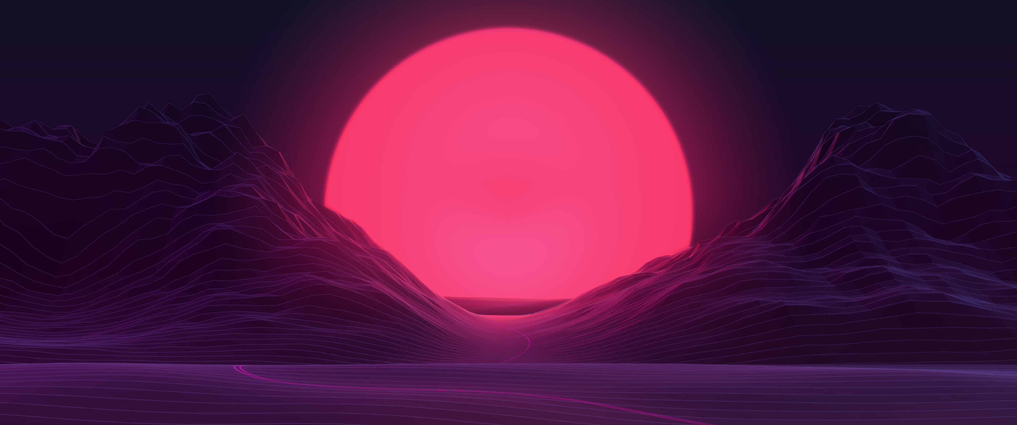 Neon sunset over wireframe mountains HD Wallpaper