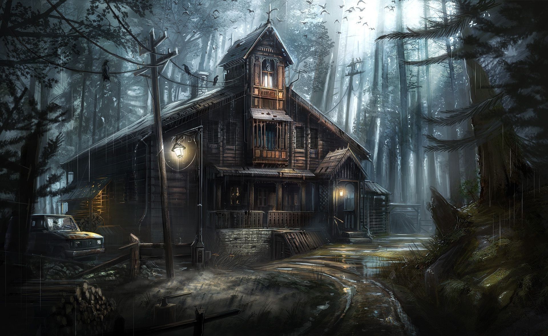 Spooky Artwork of Dark Forest House HD Wallpaper