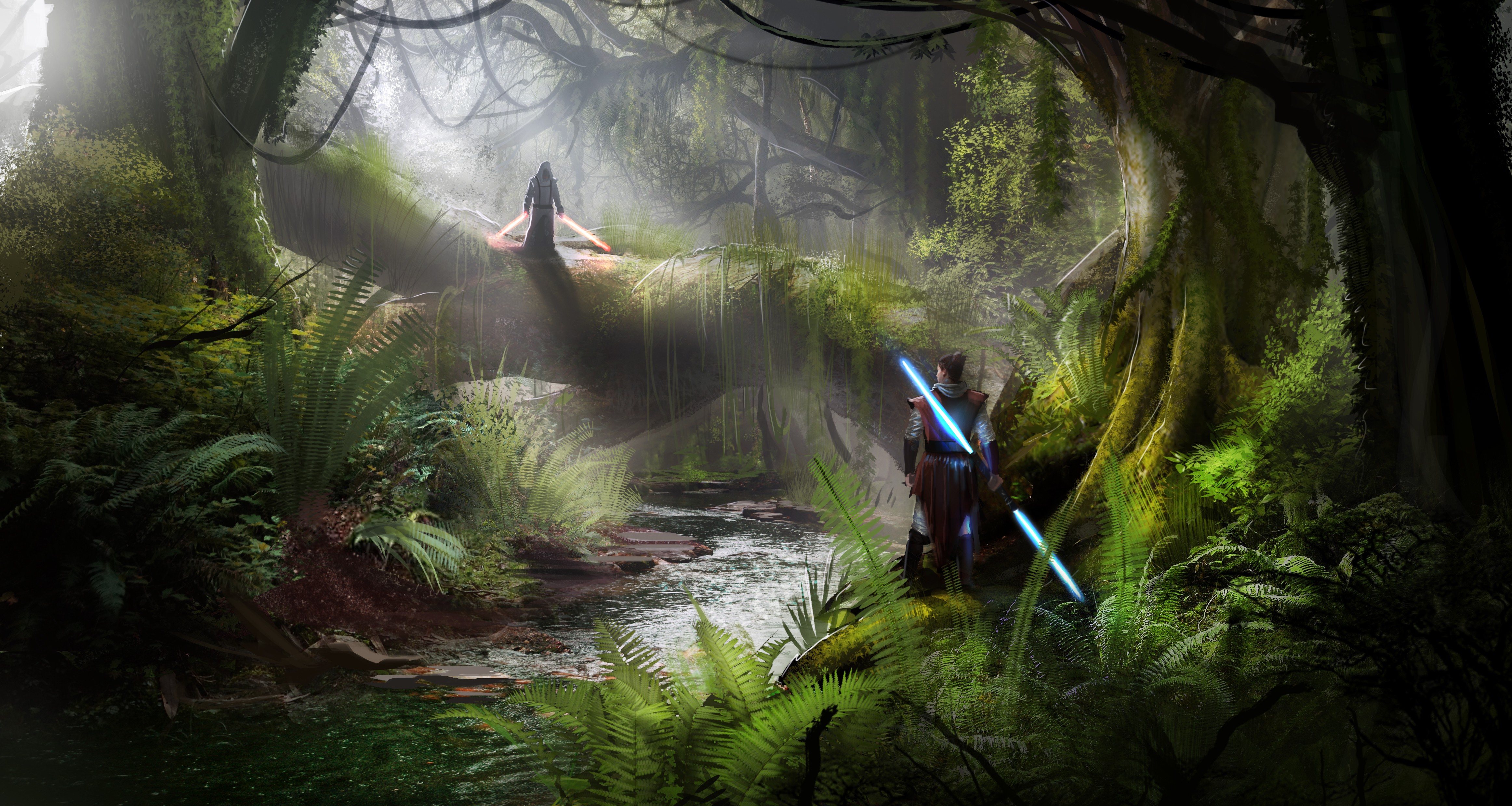 Two Jedi with lightsabers in a forest HD Wallpaper