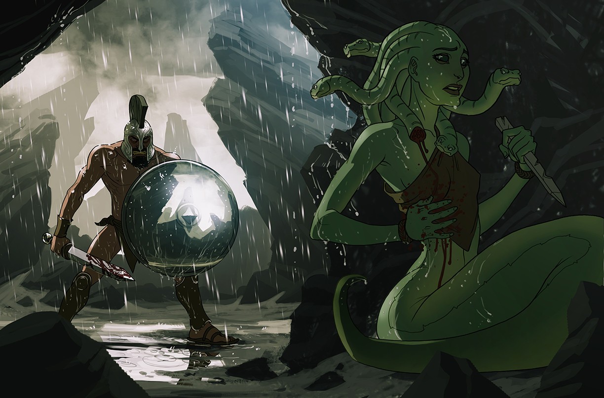 Spartan warrior fighting Medusa in the rain HD Wallpaper
