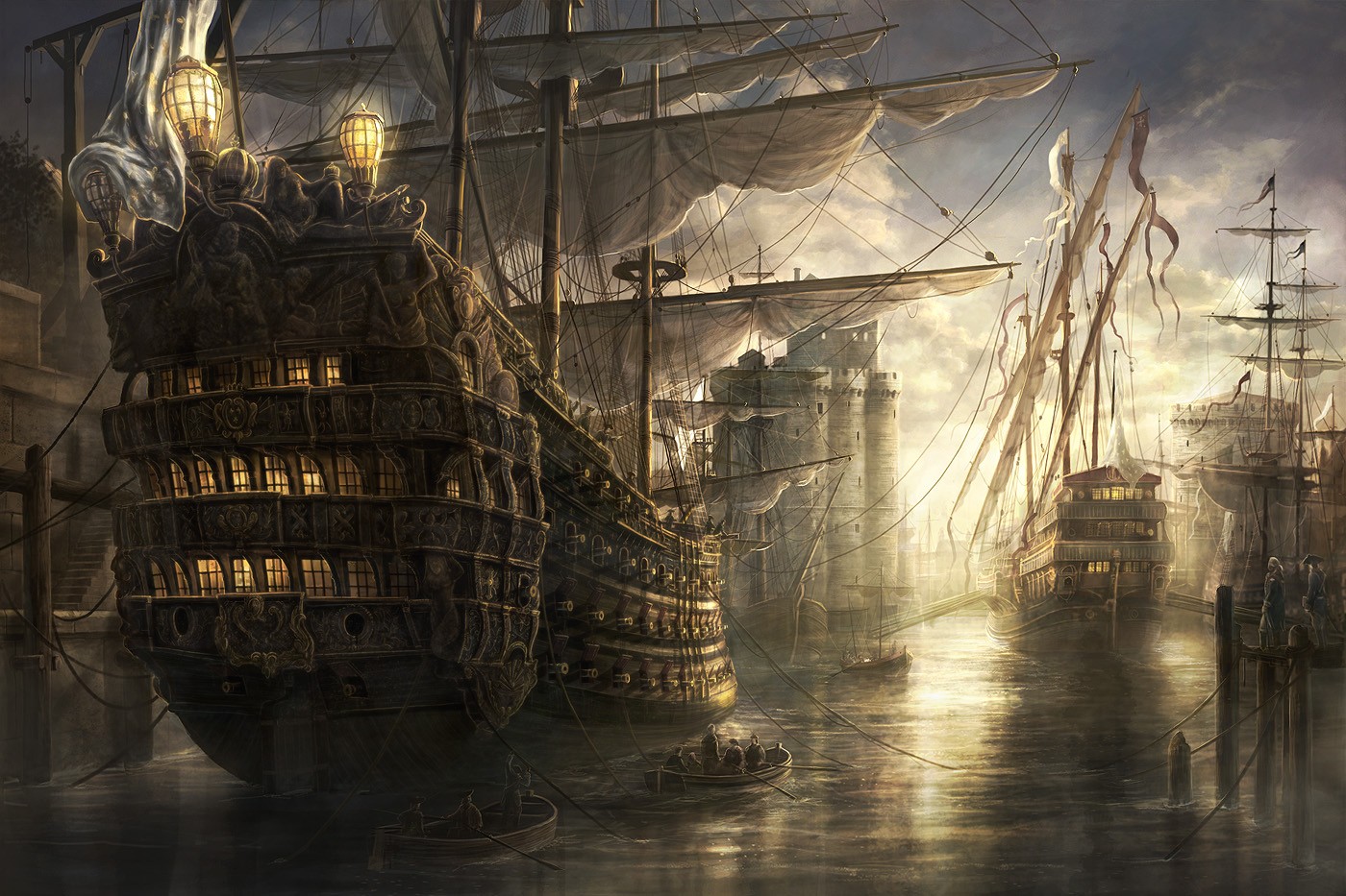 Fantasy sailing ships docked at a medieval port HD Wallpaper