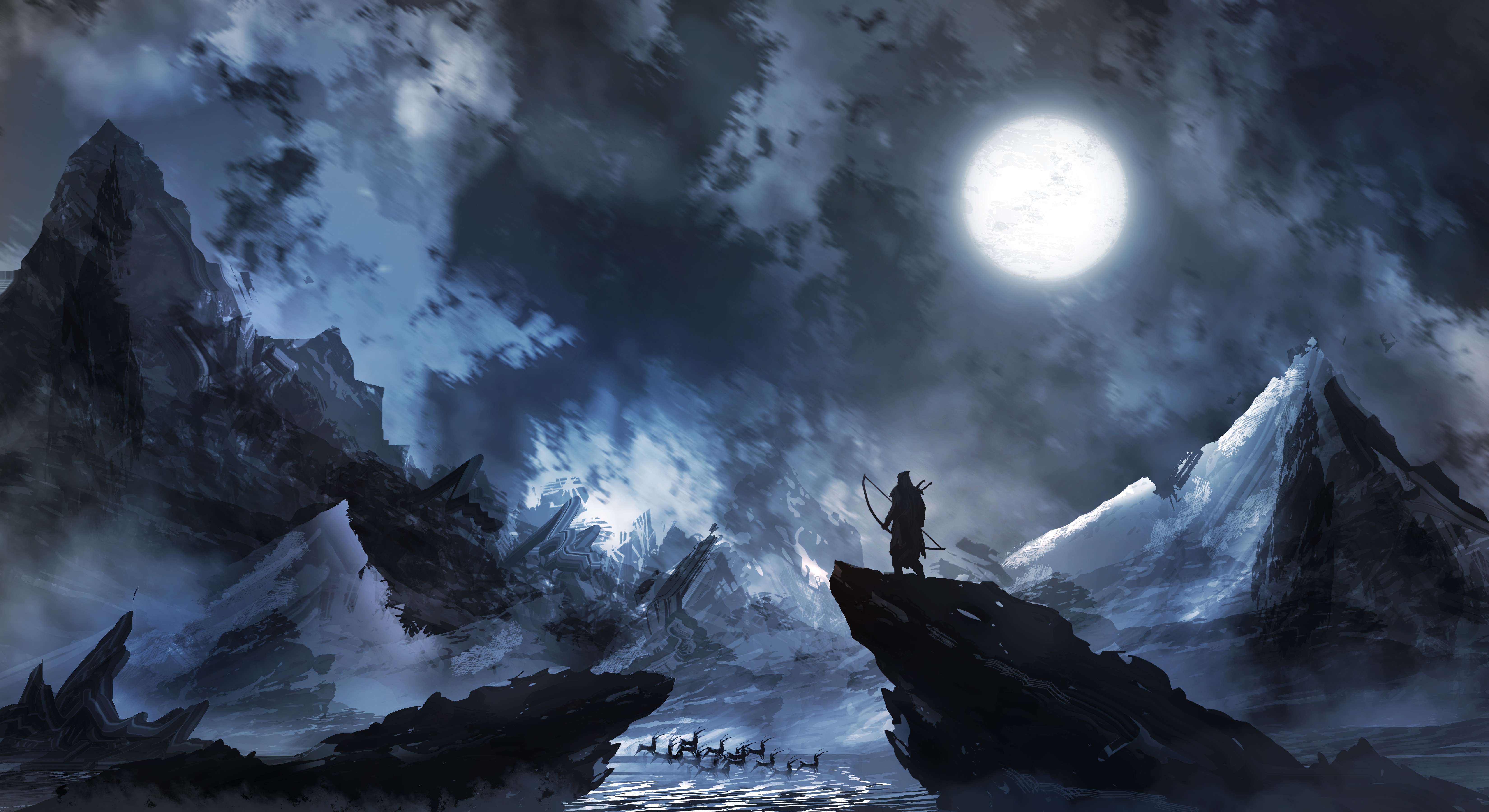 Hunter with bow and arrow in snowy mountains under moonlight HD Wallpaper