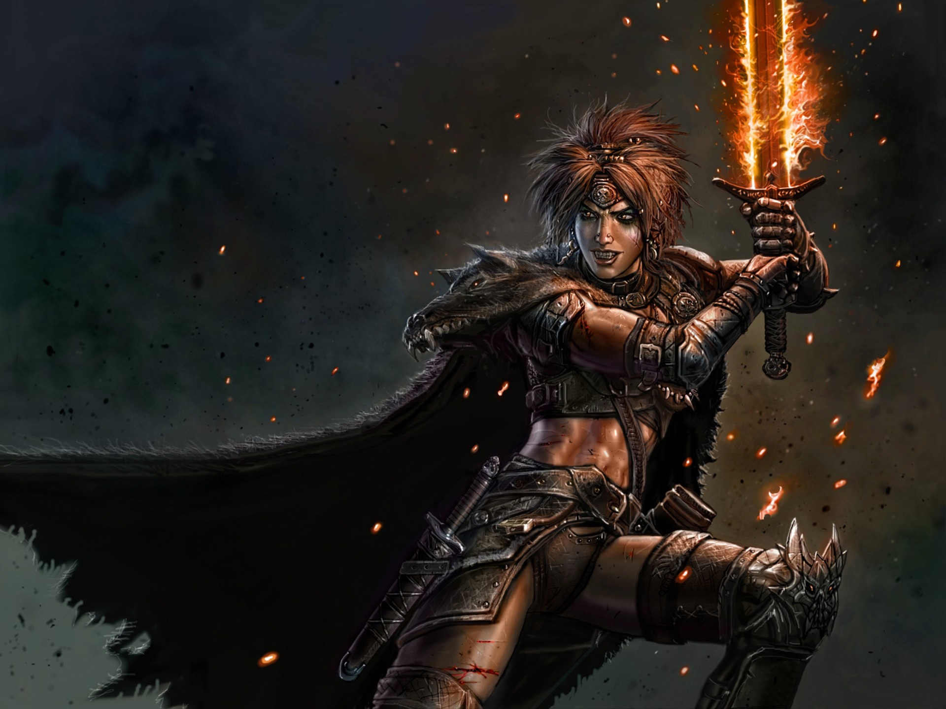 Warrior woman with flaming sword HD Wallpaper