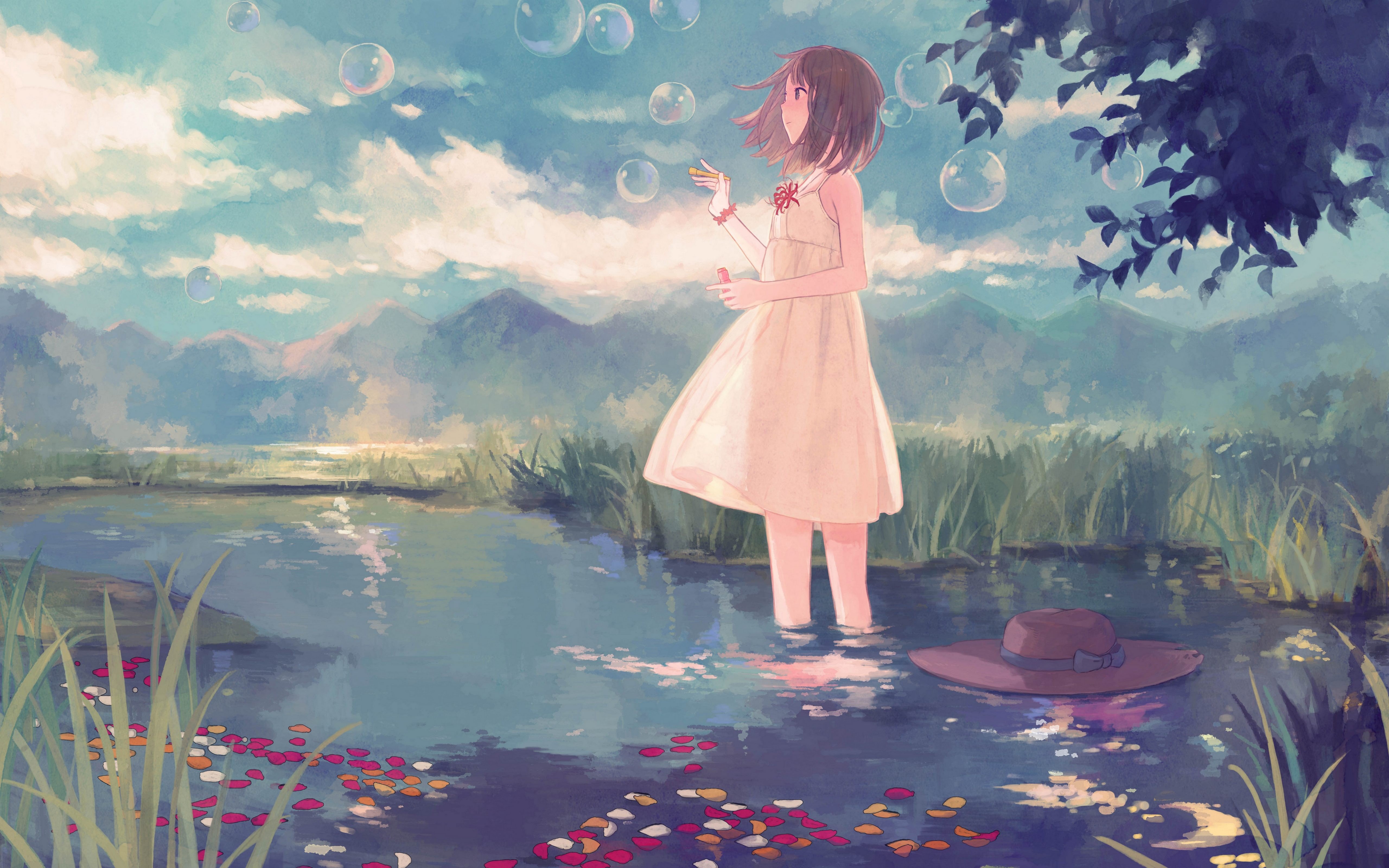 Anime girl blowing bubbles in a lake HD Wallpaper