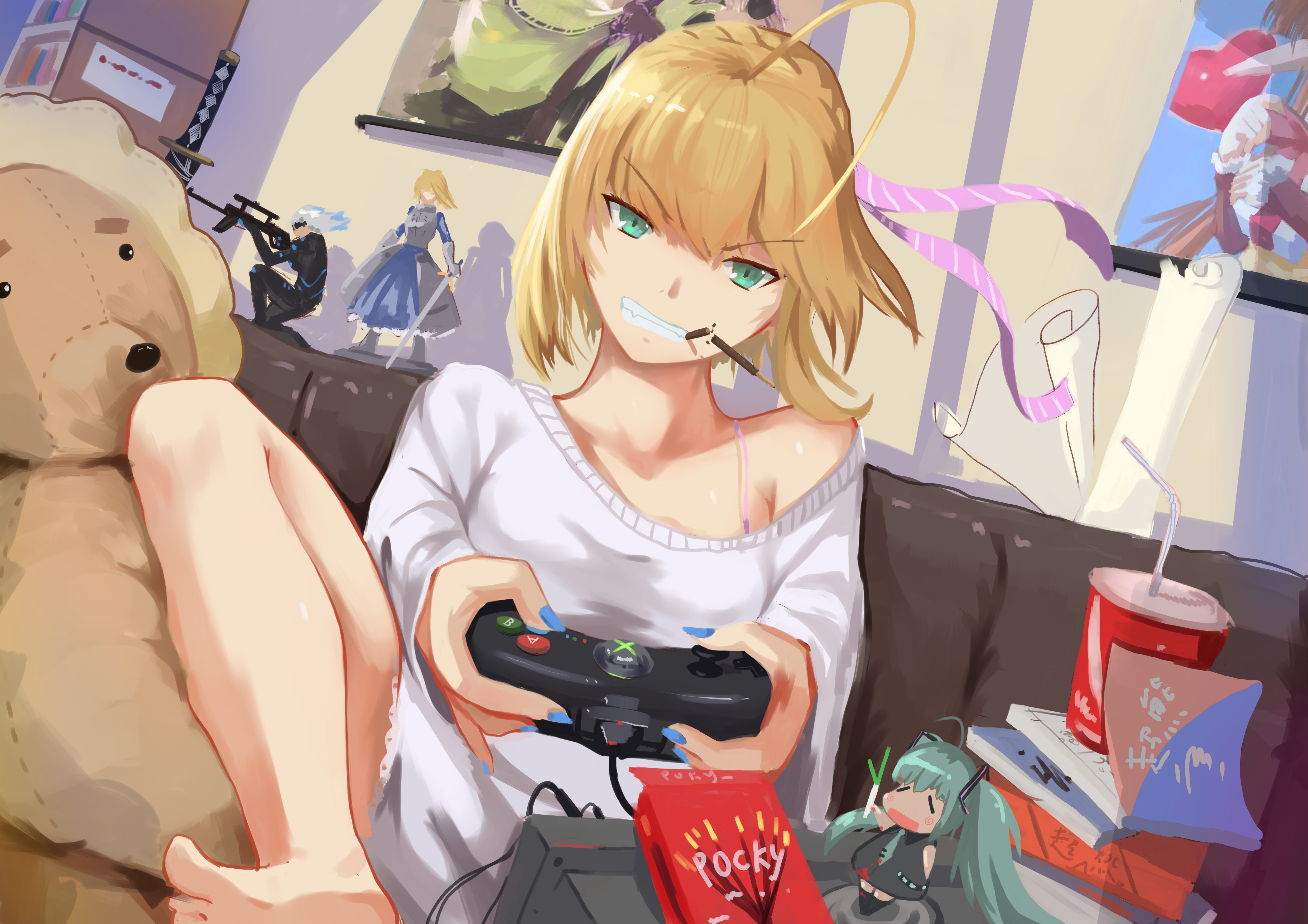 Saber from Fate/stay night playing Xbox 360 with Hatsune Miku figure HD Wallpaper
