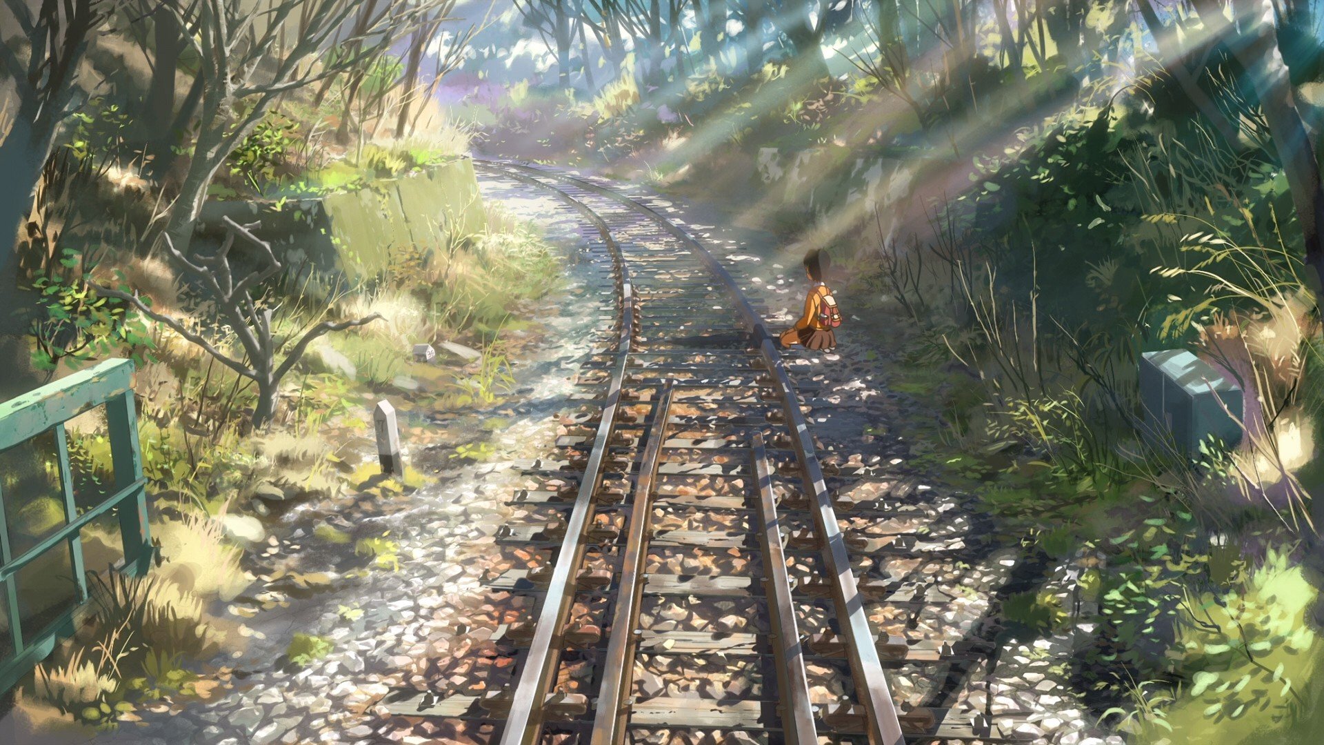 Girl sitting on train tracks in forest HD Wallpaper