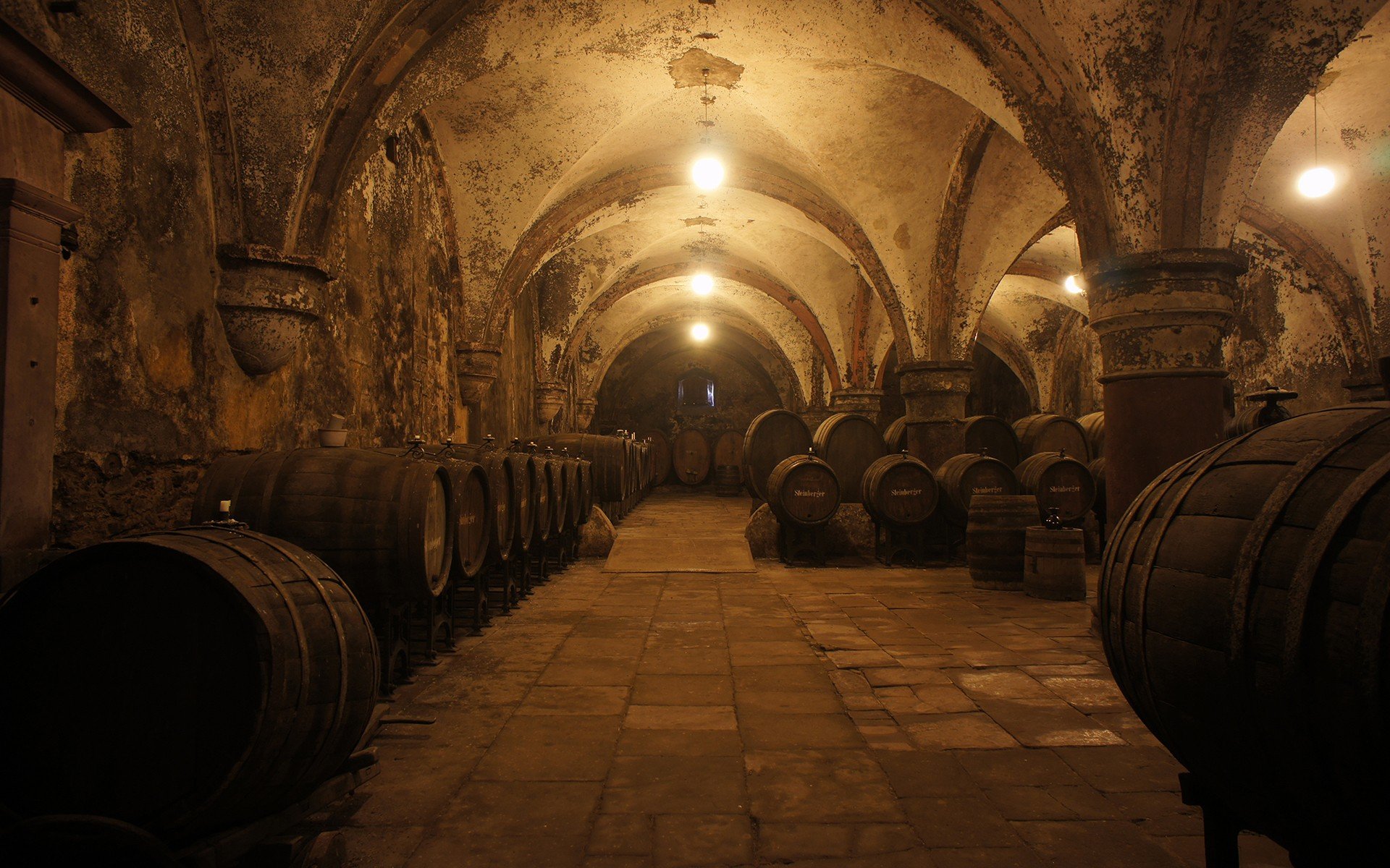 Wine cellars with rows of wooden barrels HD Wallpaper