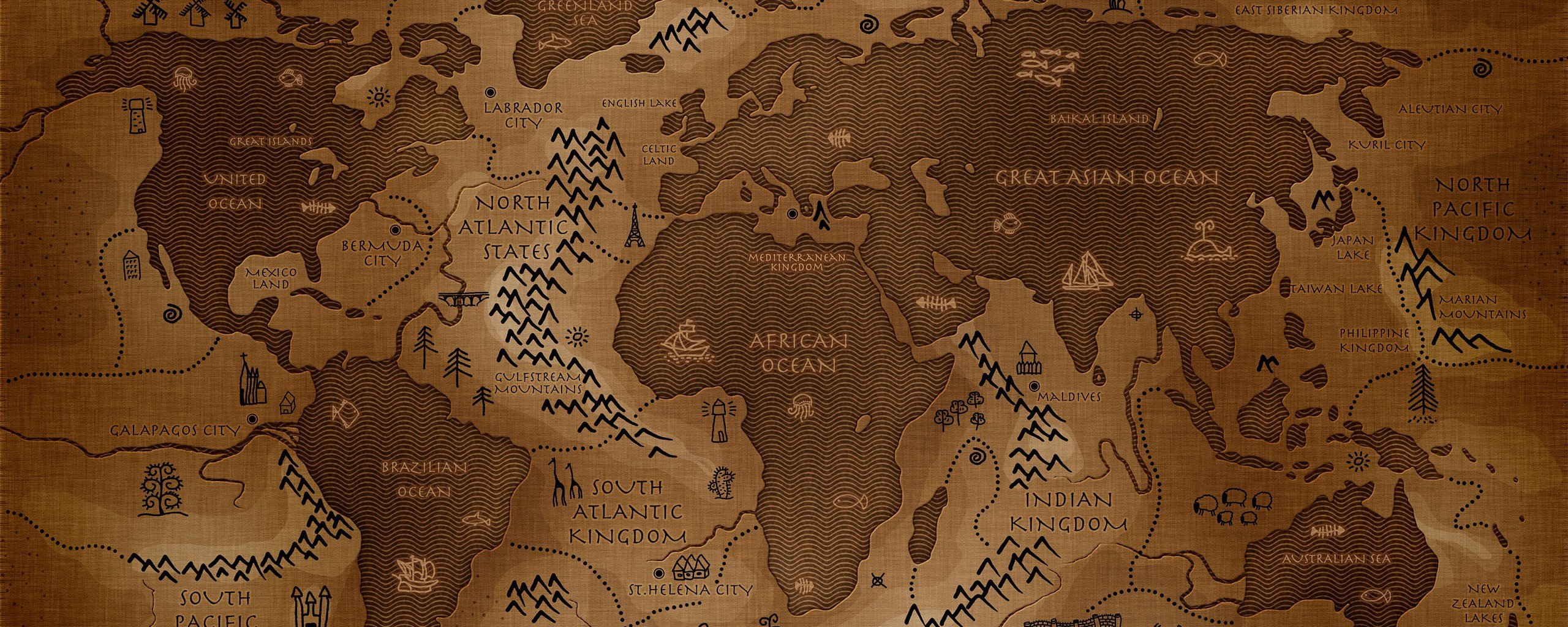Inverted world map with fantasy kingdoms and oceans HD Wallpaper