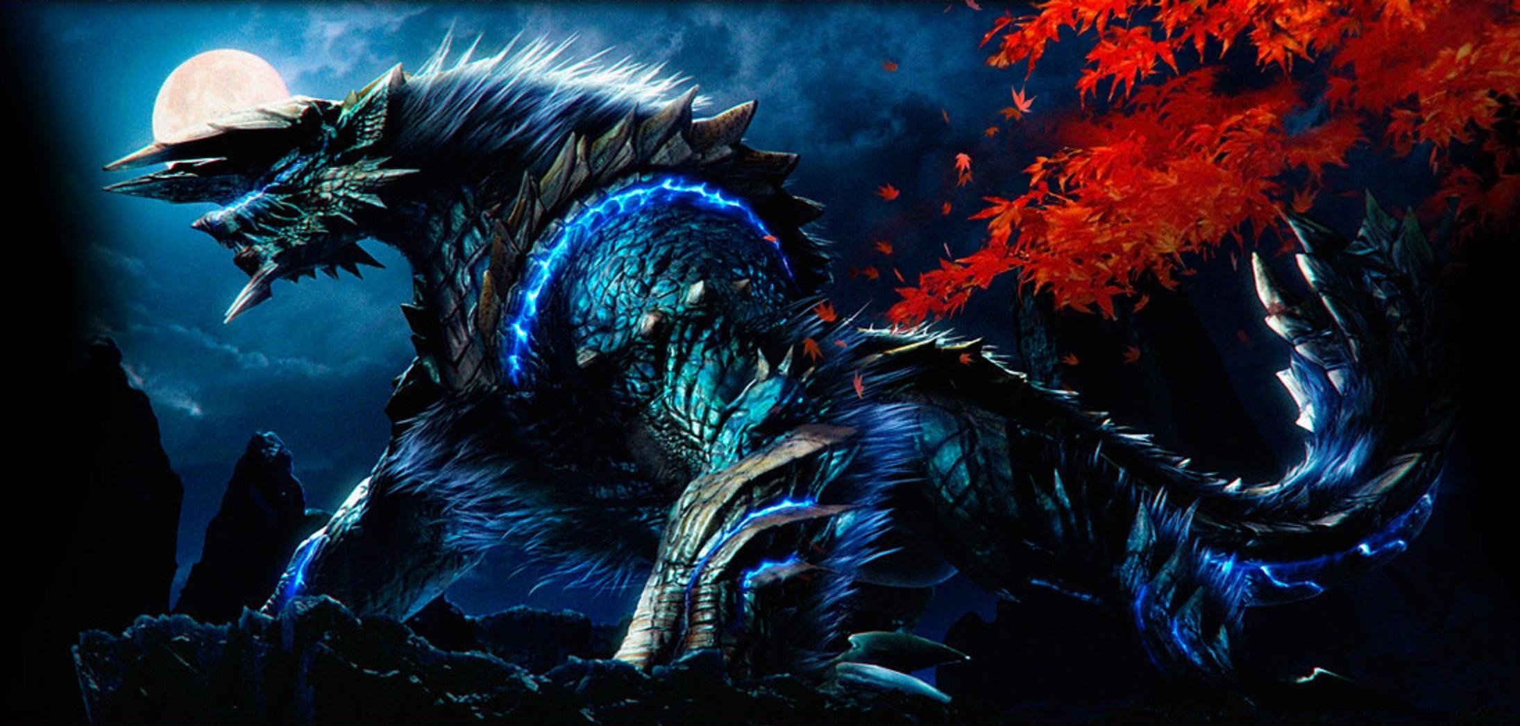 Monster Hunter creature with blue energy and red leaves HD Wallpaper