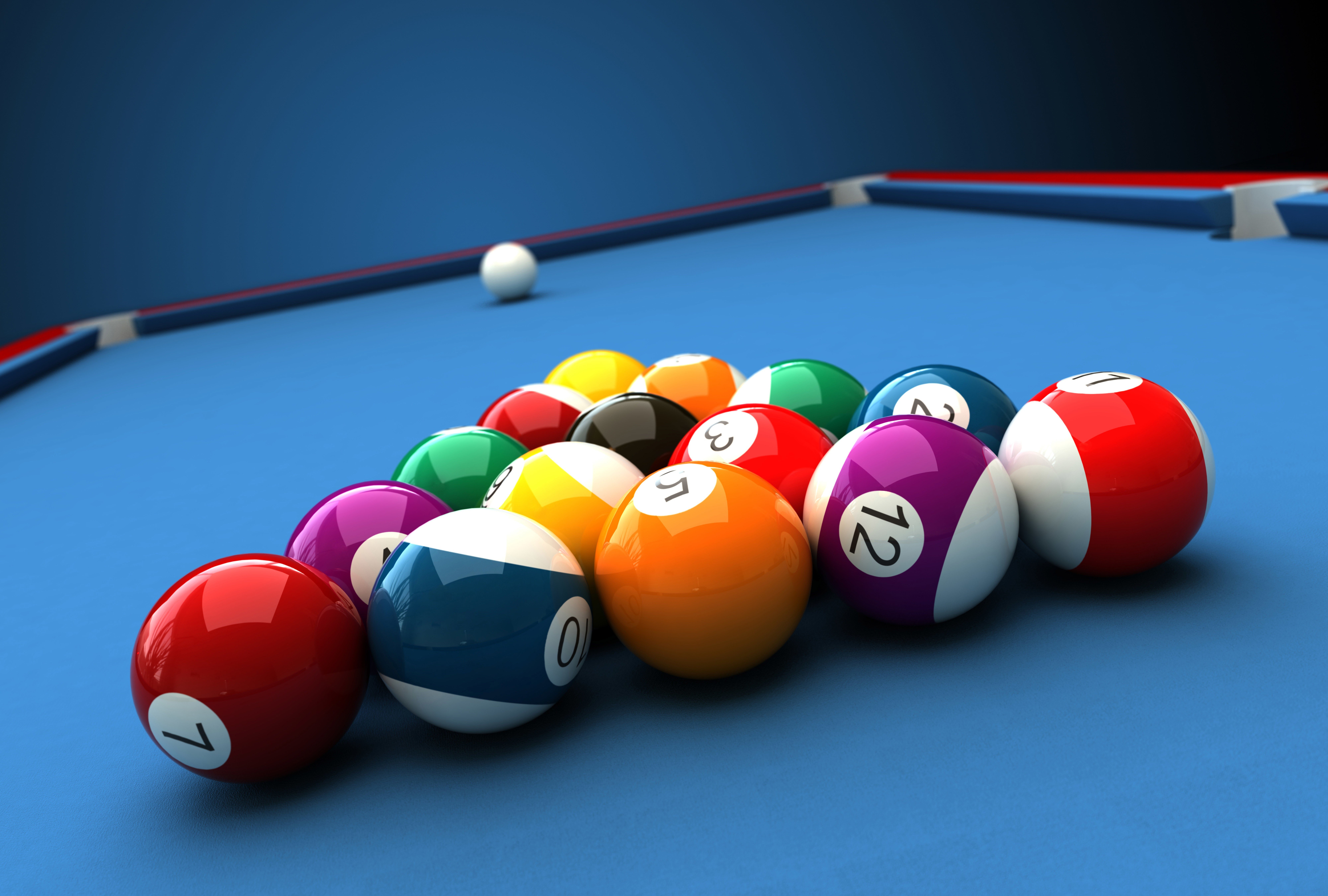Billiard balls on a blue pool table HD Wallpaper
