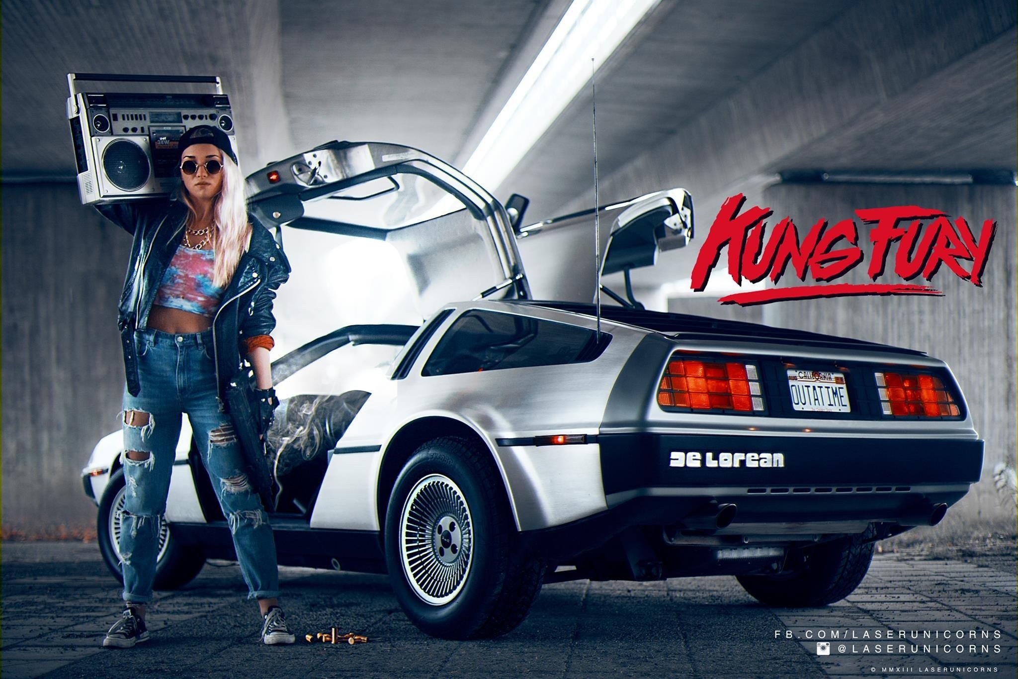 Kung Fury DeLorean with Woman Holding Boombox HD Wallpaper