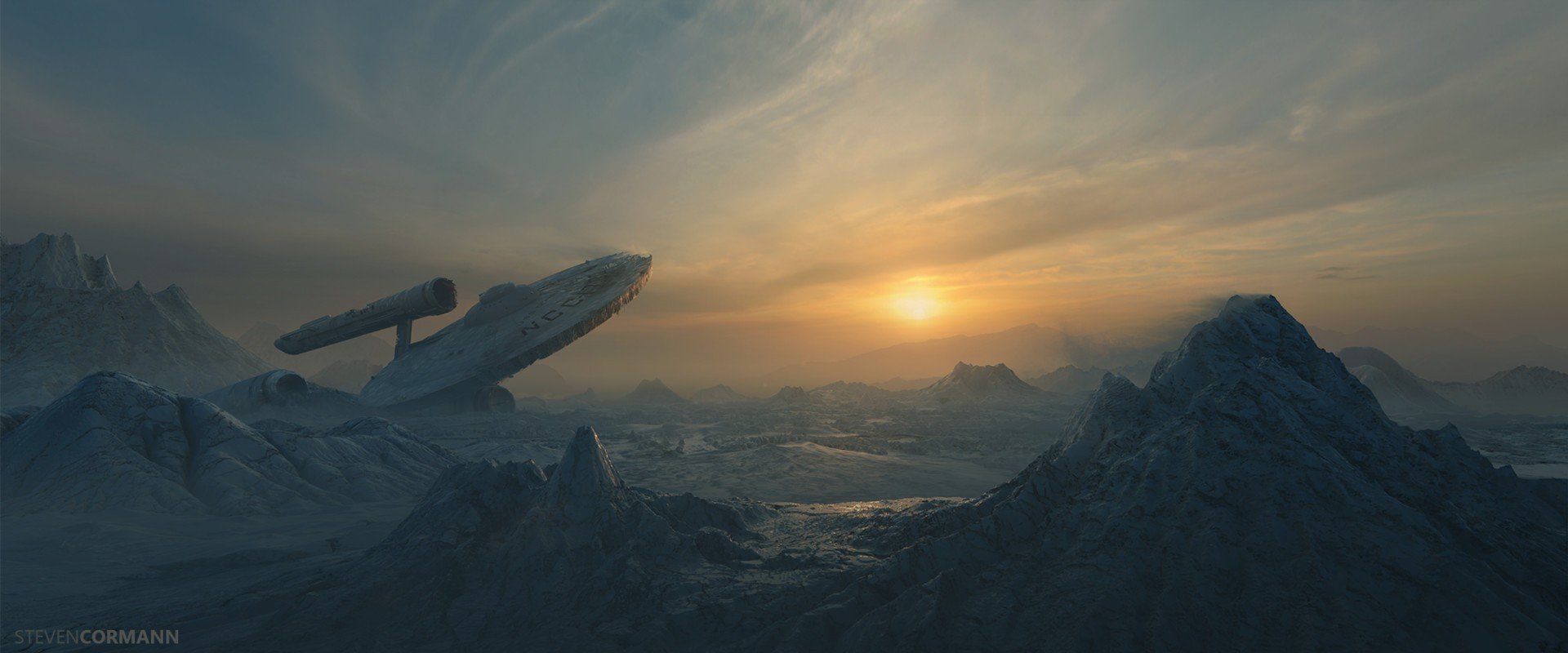 Star Trek spaceship crashed on alien planet at sunset HD Wallpaper