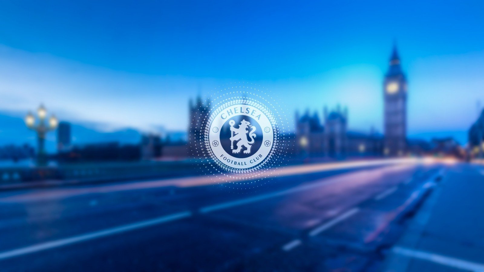 Chelsea FC logo over London skyline at dusk HD Wallpaper