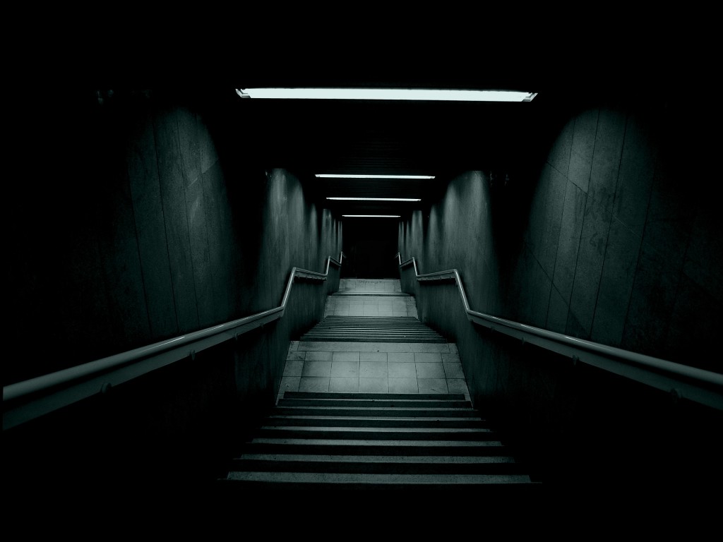 Dark underground stairs with fluorescent lights HD Wallpaper