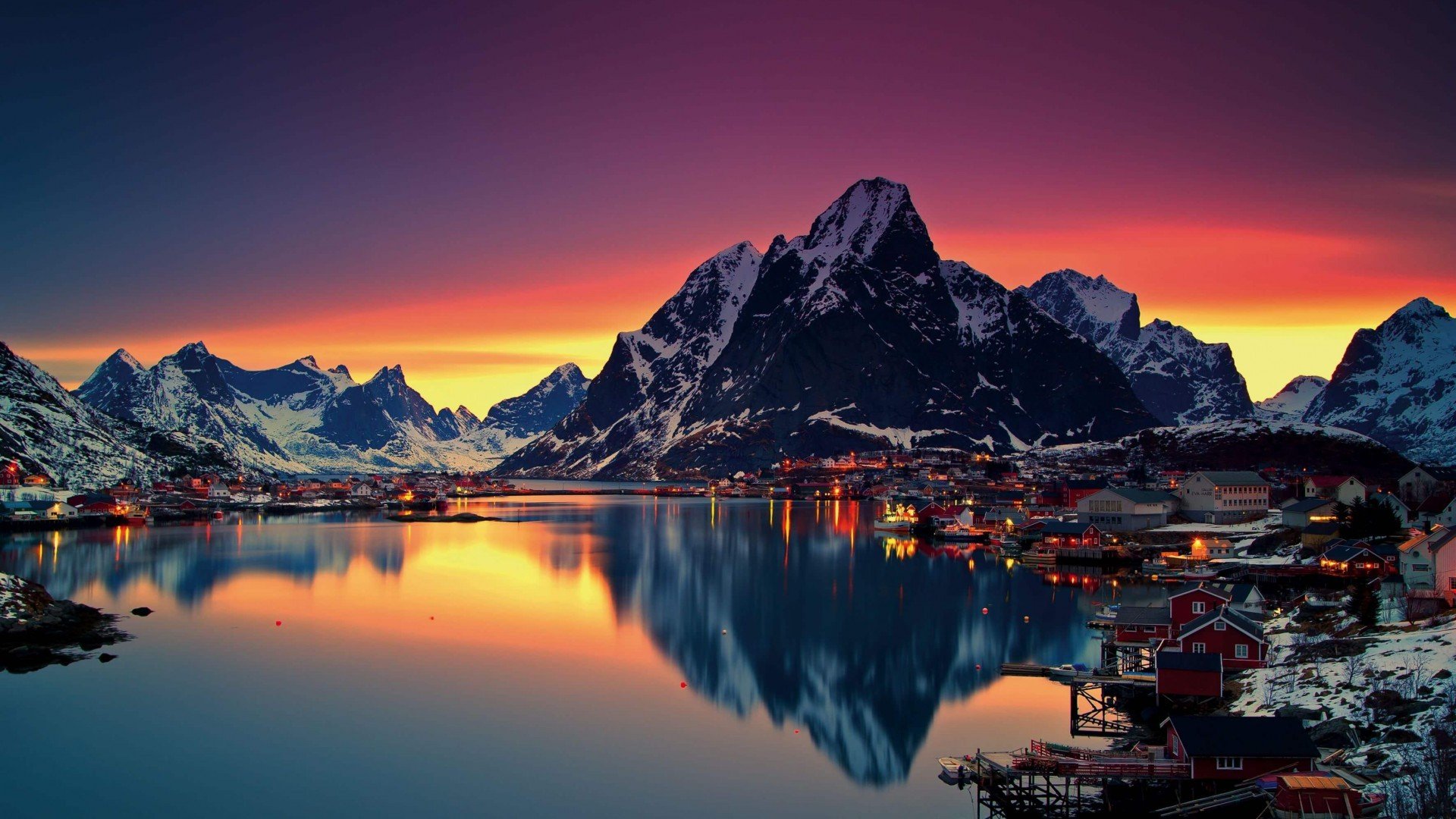 Mountain cityscape at sunset in Lofoten, Norway HD Wallpaper