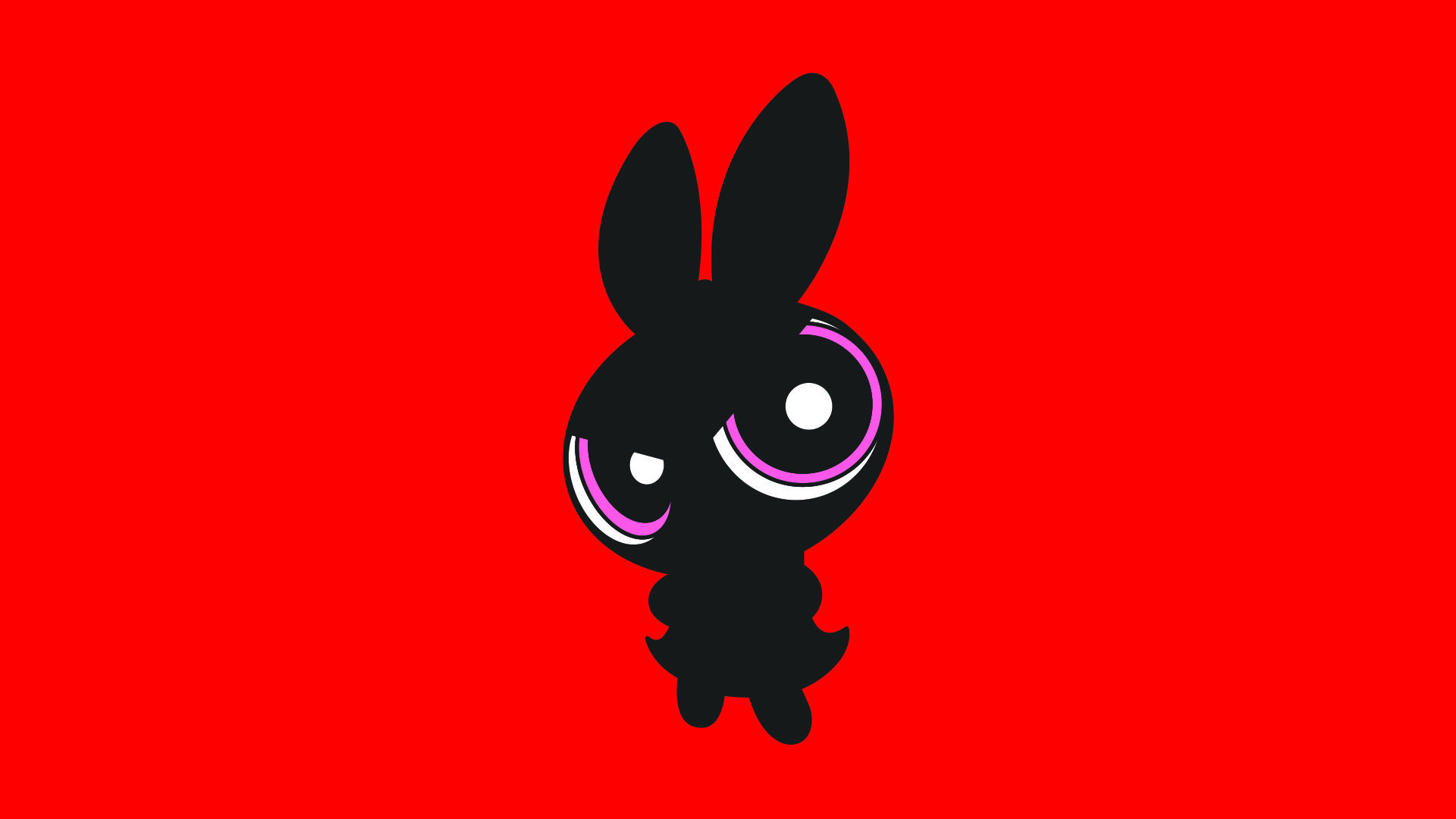 Black bunny character with pink and white eyes on red background HD Wallpaper