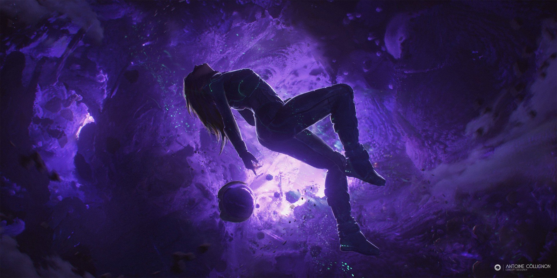 Woman in futuristic suit floating in purple nebula HD Wallpaper