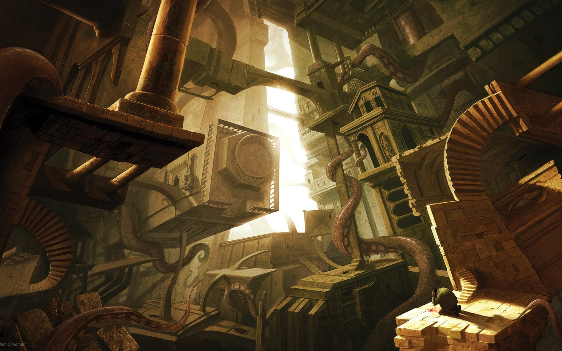 Surreal architecture with tentacles and a lone figure HD Wallpaper